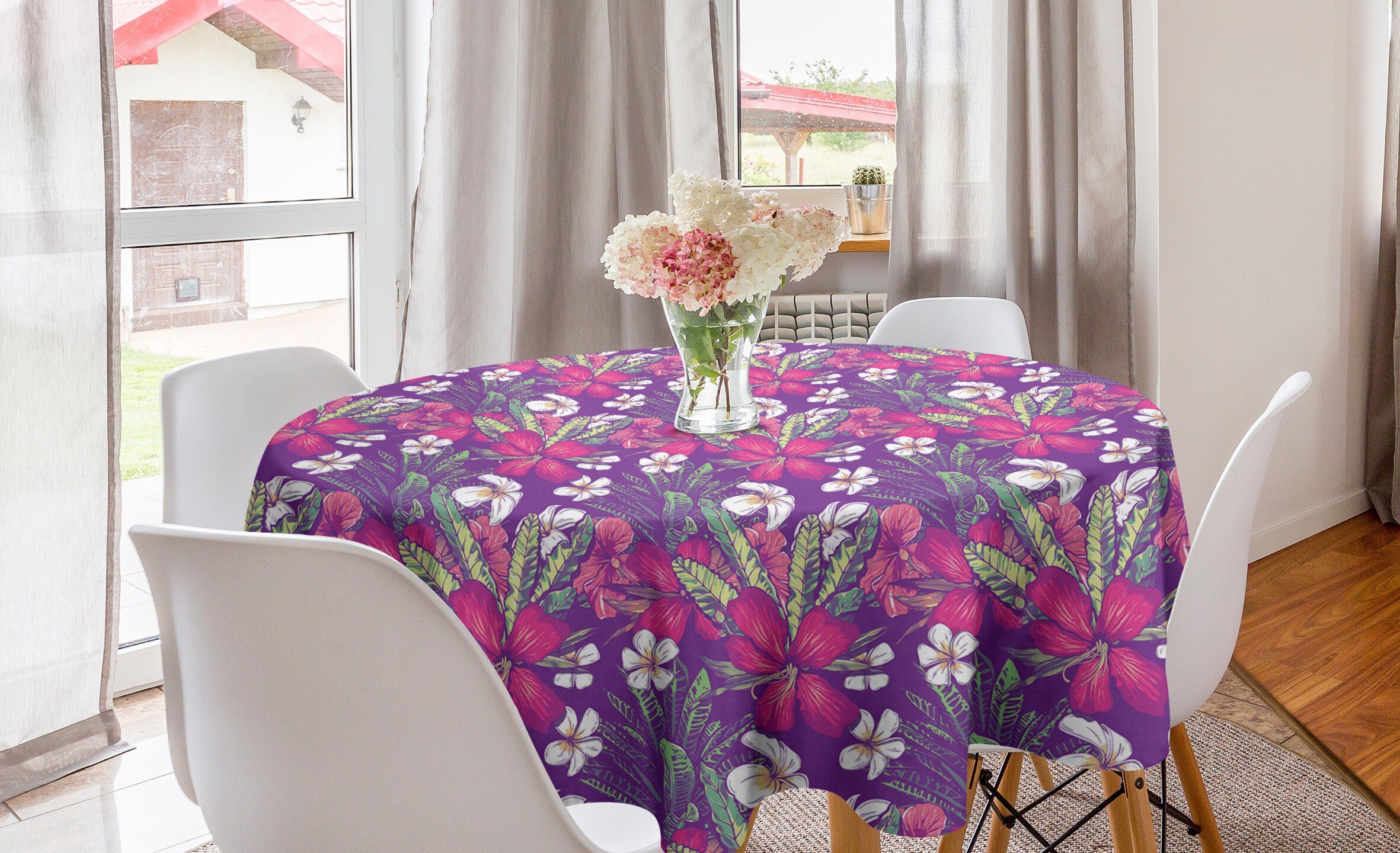 Abakuhaus Tischdecke Kreis Tischdecke Abdeckung für Esszimmer Küche Dekoration, Blumen Hibiscus Weiße Blumen-Kunst