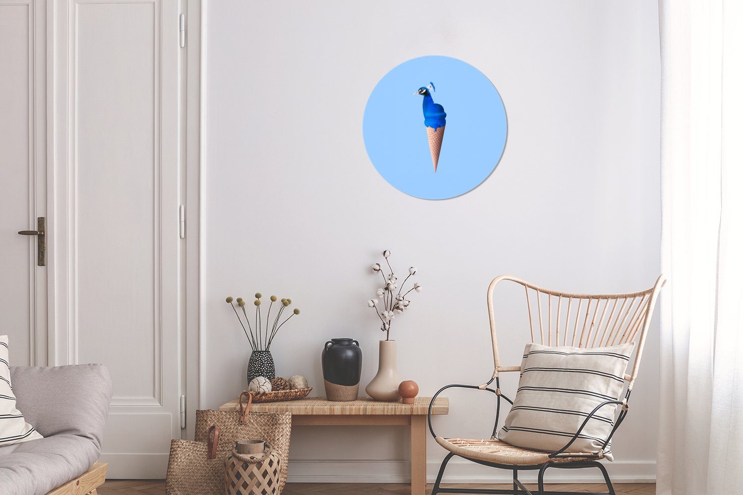 MuchoWow Gemälde Pfau - Wandbild, - Forex, - - St), Wanddekoration Blau 30x30 Kreis (1 Vogel, cm Eiscreme Wohnzimmer, Eistüte Rundes