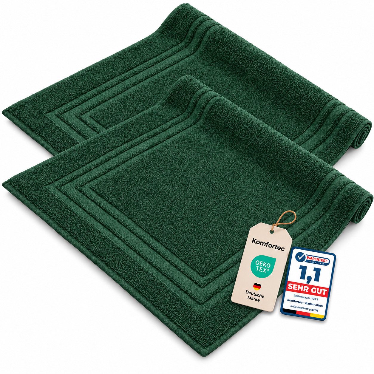 Komfortec Badematte 2er Badetuch Set aus 100% Baumwolle 50x70 cm Extra Weich & Saugstark, Rechteckig, 600 g/m²