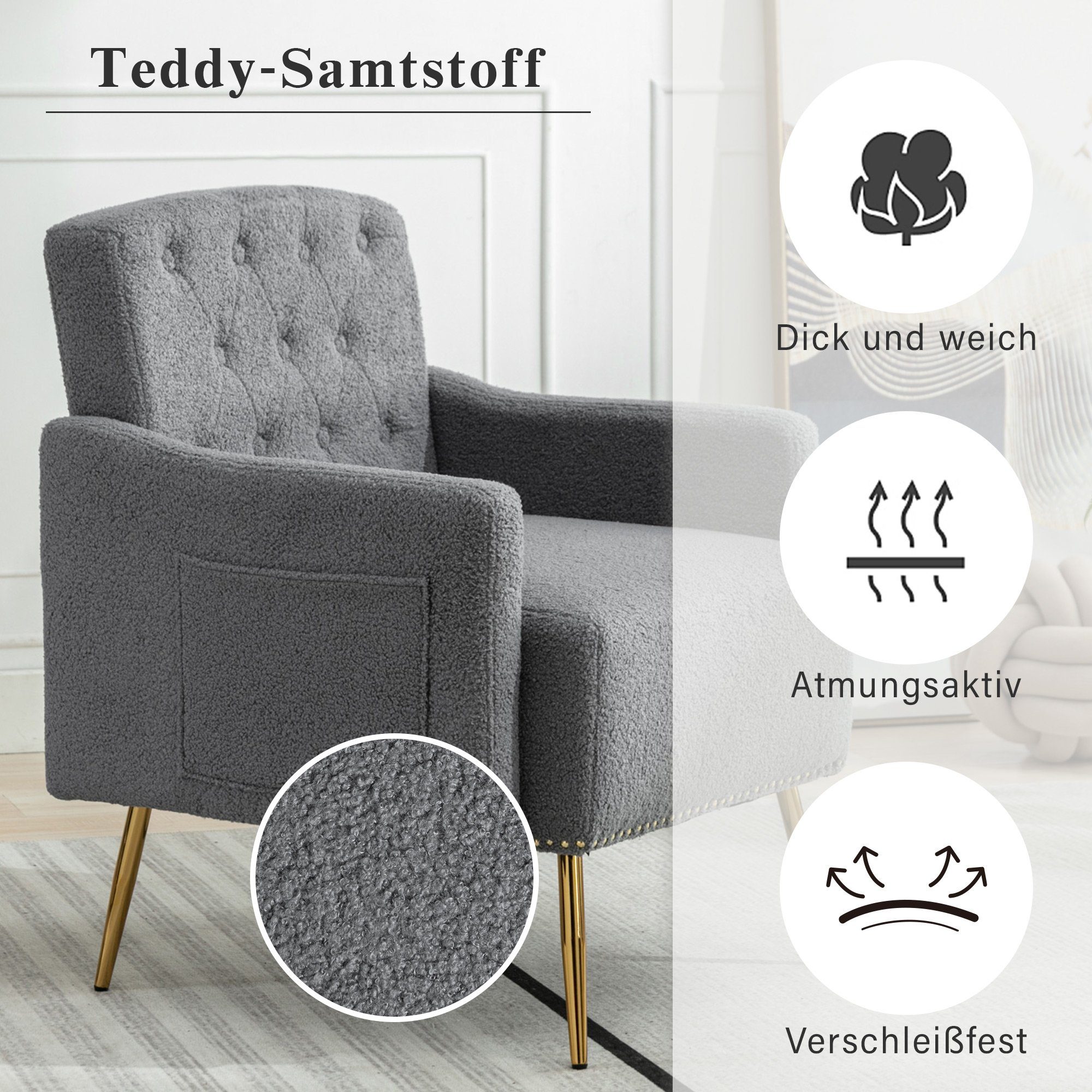 Sessel, Entspannen (Wohnzimmerstuhl, oder Sessel Lesen Relaxstuhl, REDOM grau Teddy-Samt-Stuhl), zum Relaxsessel, goldene Reißverschluss-Design, geeignet Metallbeine, bequemer mit Teddy-Samt-Freizeitsessel