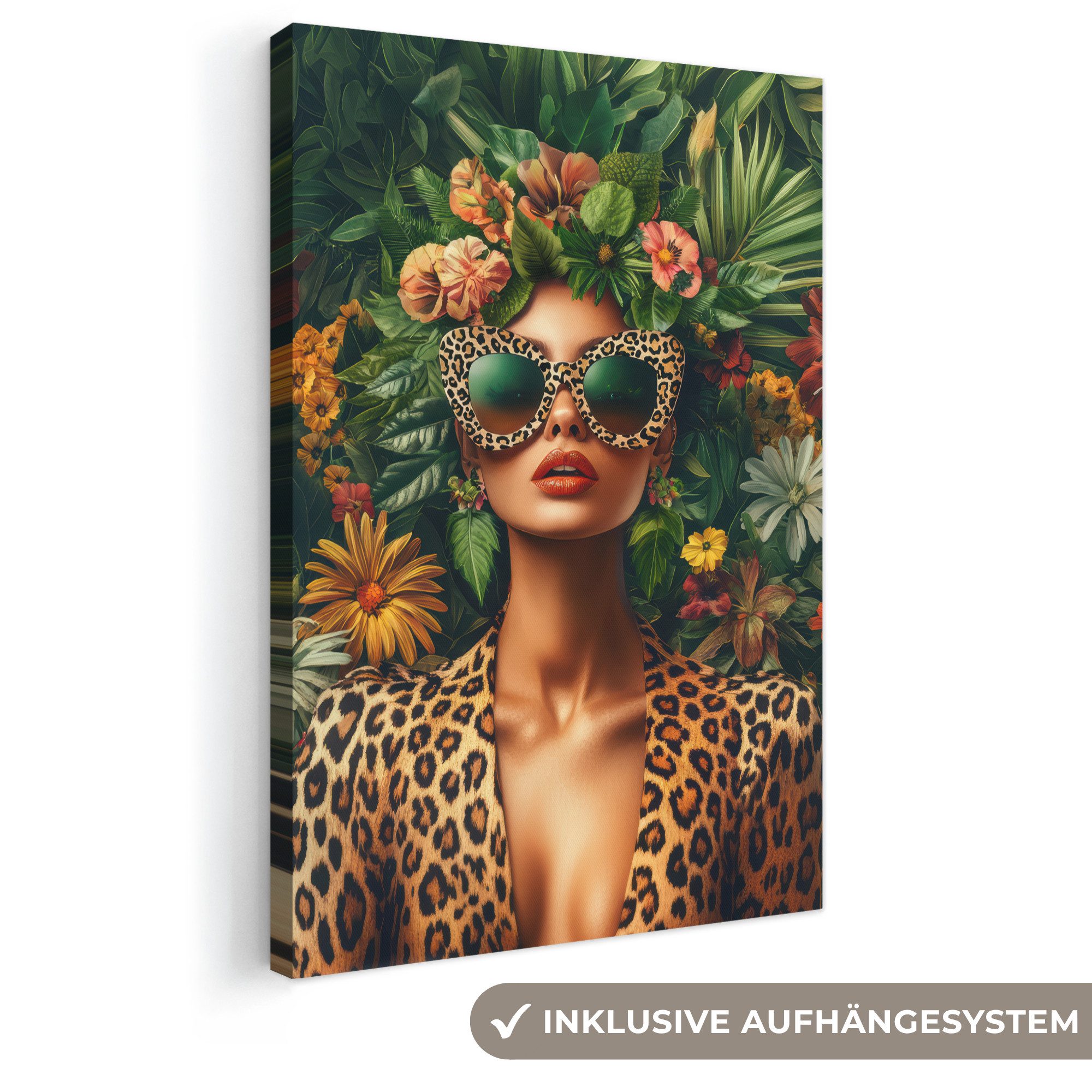 OneMillionCanvasses® Leinwandbild Frau - Pantherdruck - Dschungel - Natur - Luxus, Fotodruck (1 St), Leinwand Canvas Wandbild, Wanddekoration 20x30 cm