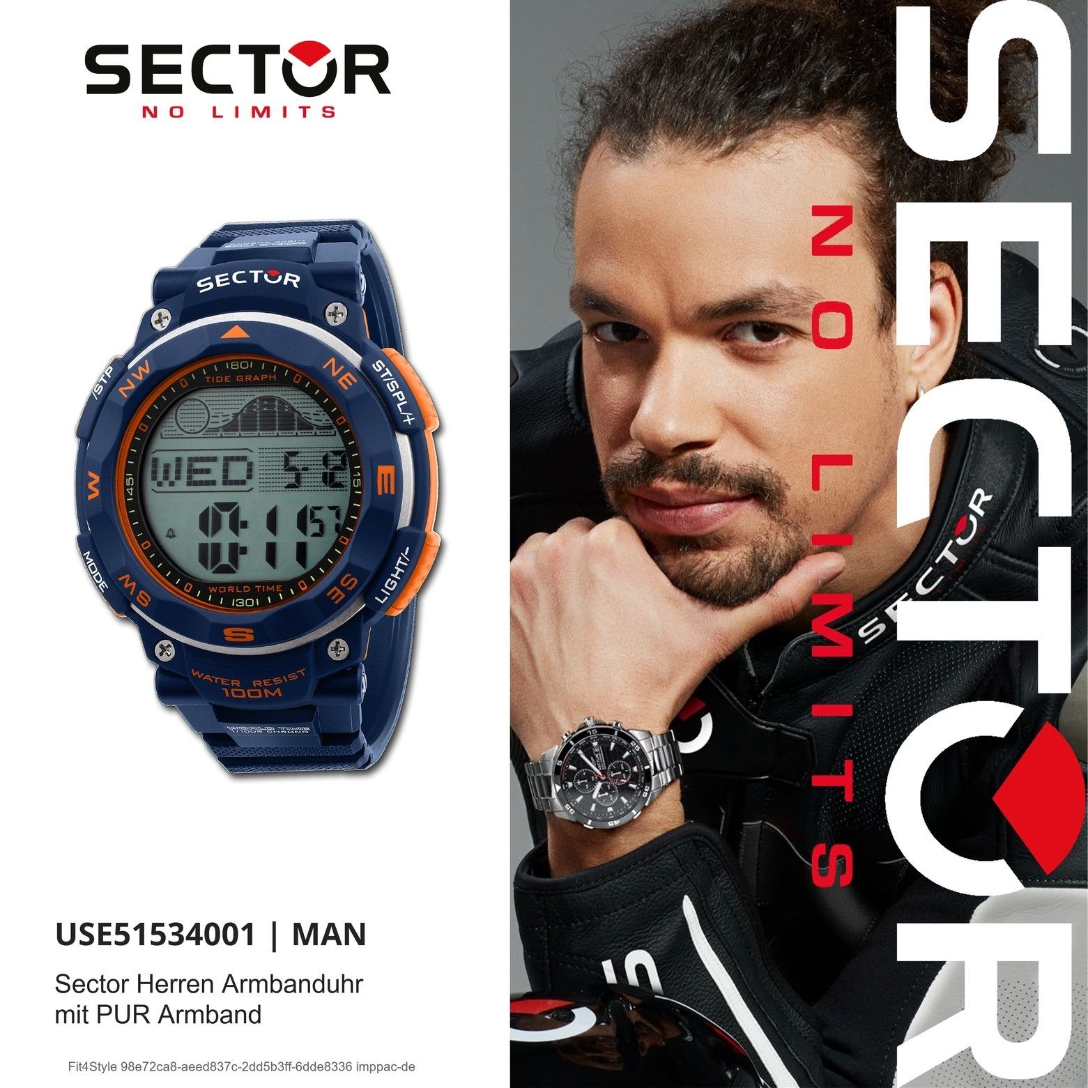 groß Armbanduhr (40,3x39,7mm), Armbanduhr Sector Digital, PURarmband Sector Herren eckig, blau, Digitaluhr Casual Herren