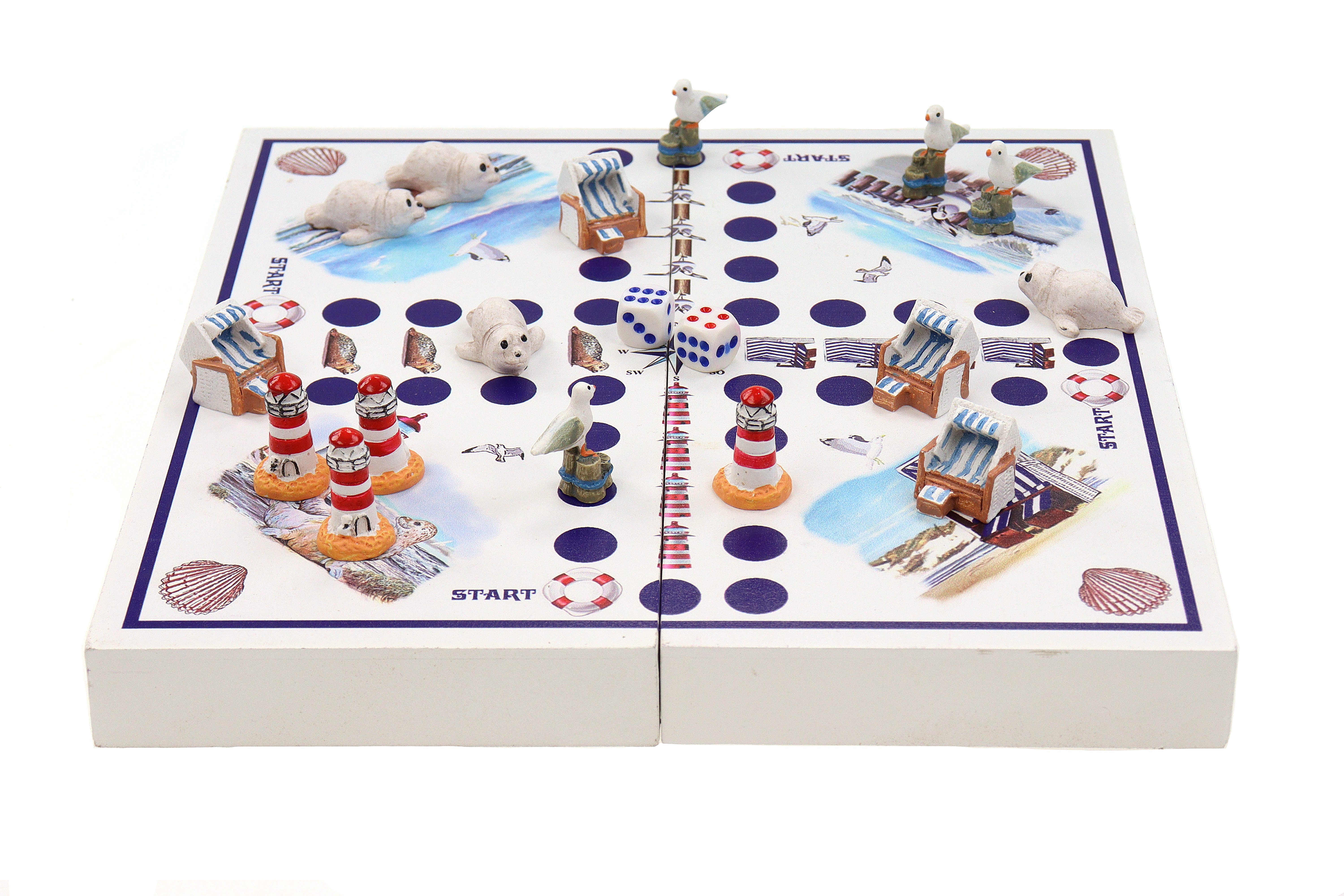Spiel Würfelspiel Brettspiel Küstendesign maritim Leuchtturm Strandkorb