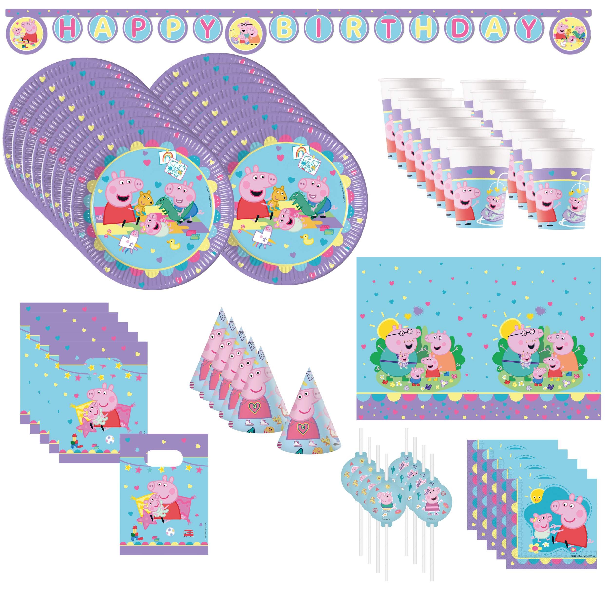 Procos Einweggeschirr-Set 76-tlg. Peppa Pig Made With Love Partyset für Kindergeburtstag, 16 Personen