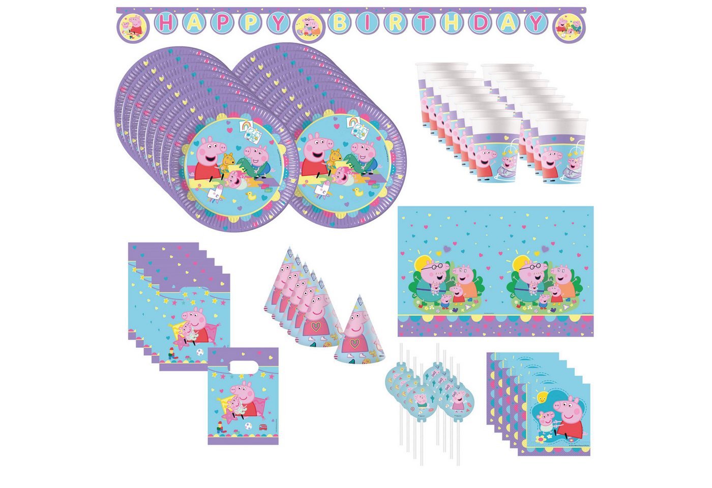 Procos Einweggeschirr-Set 76-tlg. Peppa Pig Made With Love Partyset für Kindergeburtstag, 16 Personen