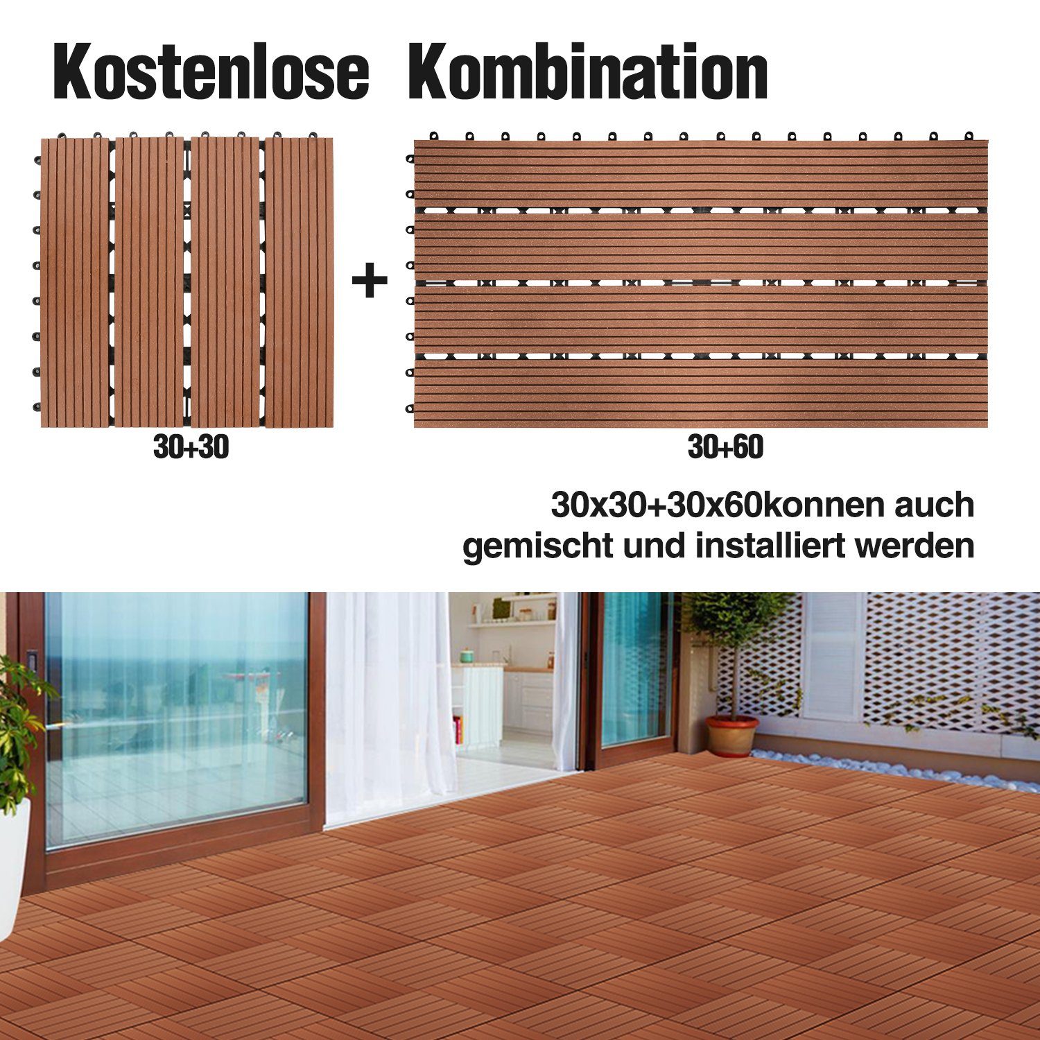 Lospitch Holzfliesen 30x30cm 11er/60x30cm Holzfliesen 1m² Garten Holzoptik Braun in Set 6er für Klickfliesen WPC 30x30cm für Balkonfliesen Balkon