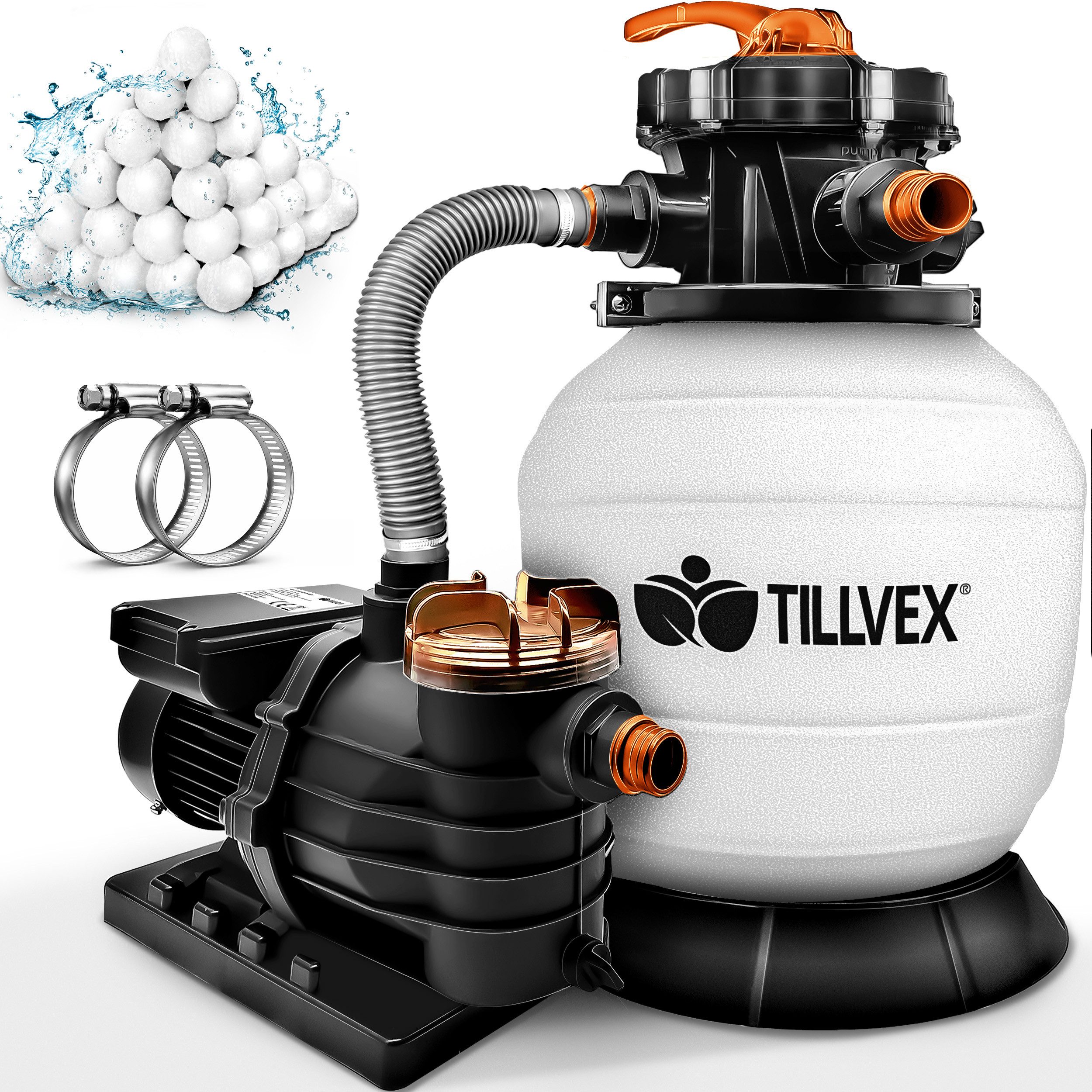tillvex Sandfilteranlage 10 m³/h Filteranlage + 800g Filterbälle 7-Wege Ventil Poolfilter, Filterkessel mit Druckanzeige Sandfilter für Pool und Schwimmbecken