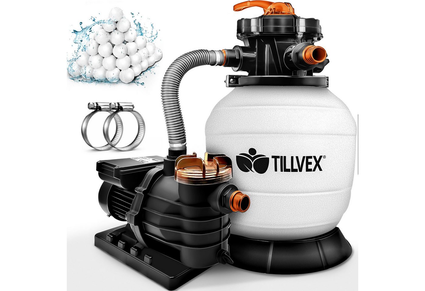 tillvex Sandfilteranlage 10 m³/h Filteranlage + 800g Filterbälle 7-Wege Ventil Poolfilter, Filterkessel mit Druckanzeige Sandfilter für Pool und Schwimmbecken