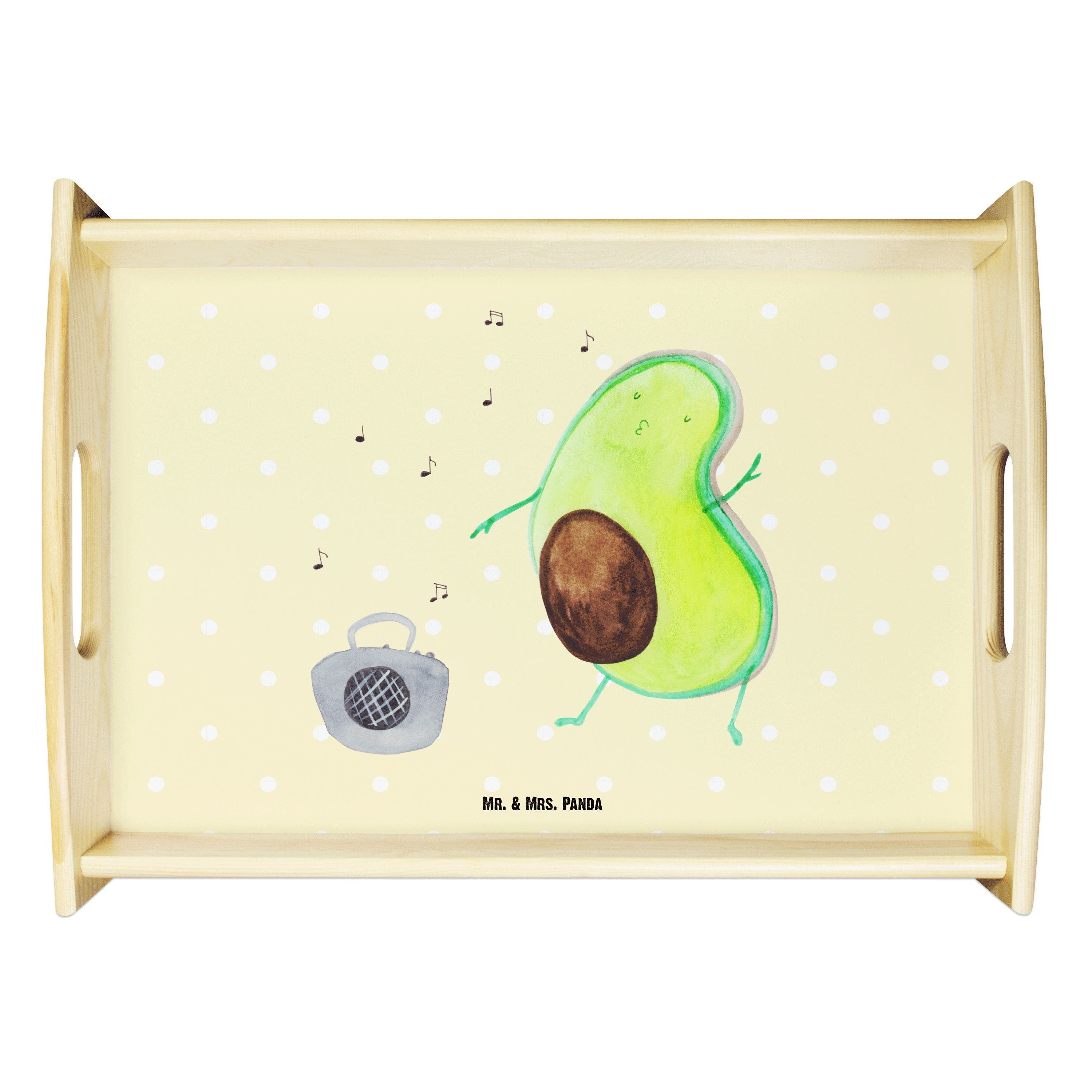 Mr. & Mrs. Panda Tablett Avocado tanzt - Gelb Pastell - Geschenk, Vegan, Musik, Holztablett, G, Echtholz lasiert, (1-tlg)