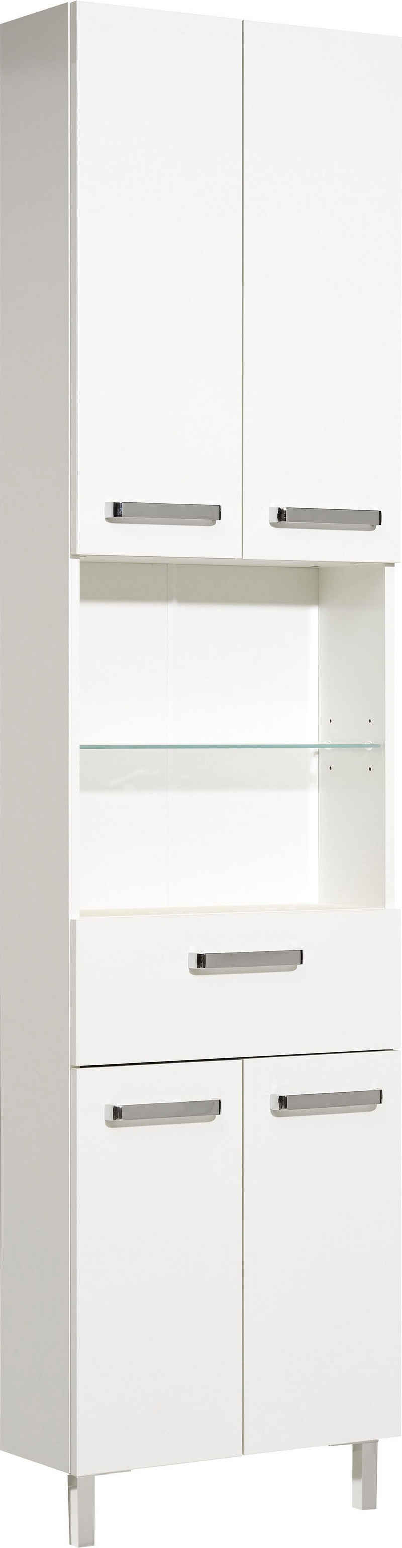 Saphir Hochschrank Quickset Badschrank 50 cm breit, 4 Türen, 2 Nischen, 1 Schublade Badezimmer-Hochschrank inkl. Türdämpfer, Griffe in Chrom glänzend