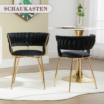 IDEASY Esszimmerstuhl Set aus 2 Samt-Esszimmerstühlen mit Armlehnen, gewebter Rückenlehne, und goldfarbenen Metallbeinen für Esszimmer, Wohnzimmer