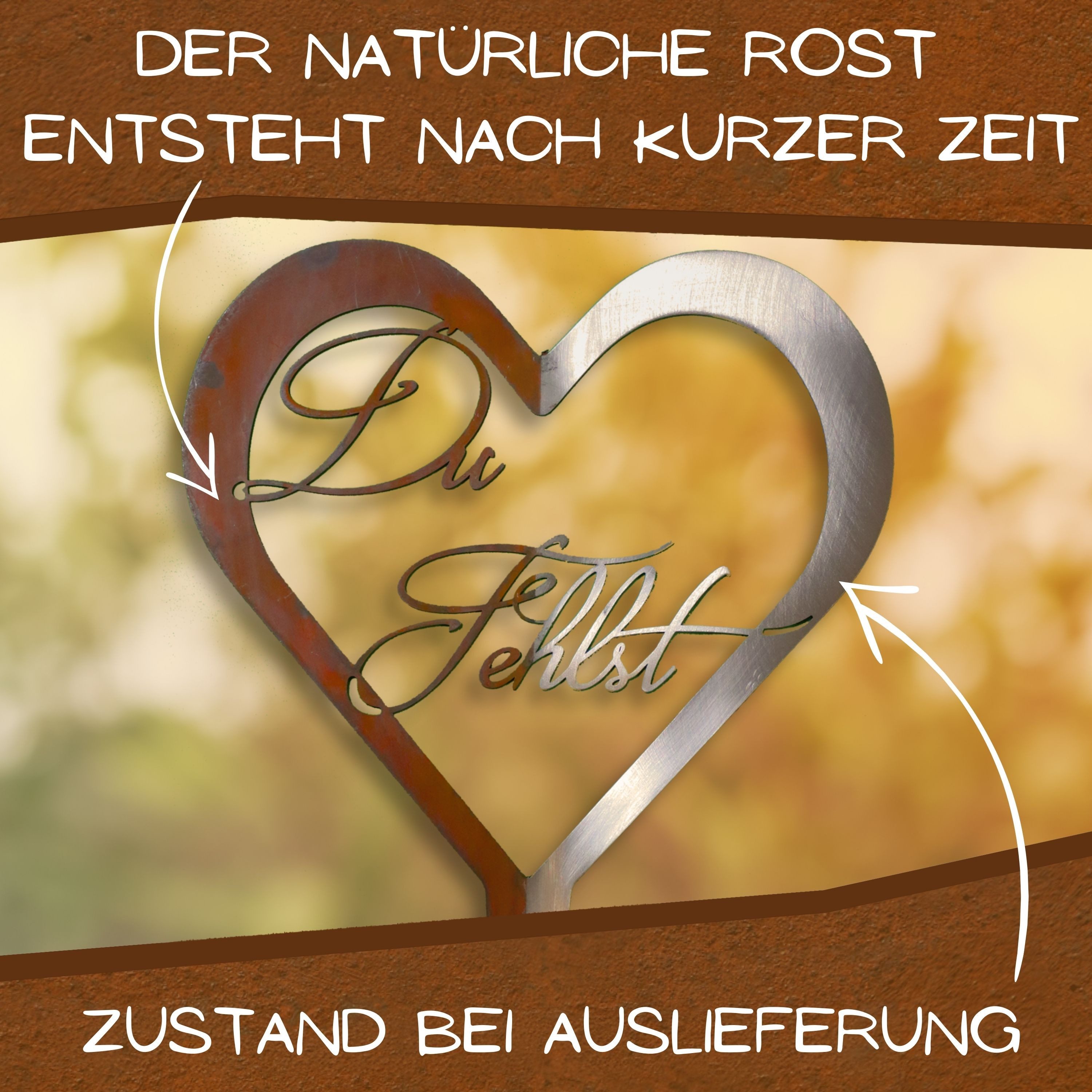 Rostikal Metallschild Grabschmuck Herz - Grab Deko mit Gravur Du Fehlst / Unvergessen – Bild 3 von 5