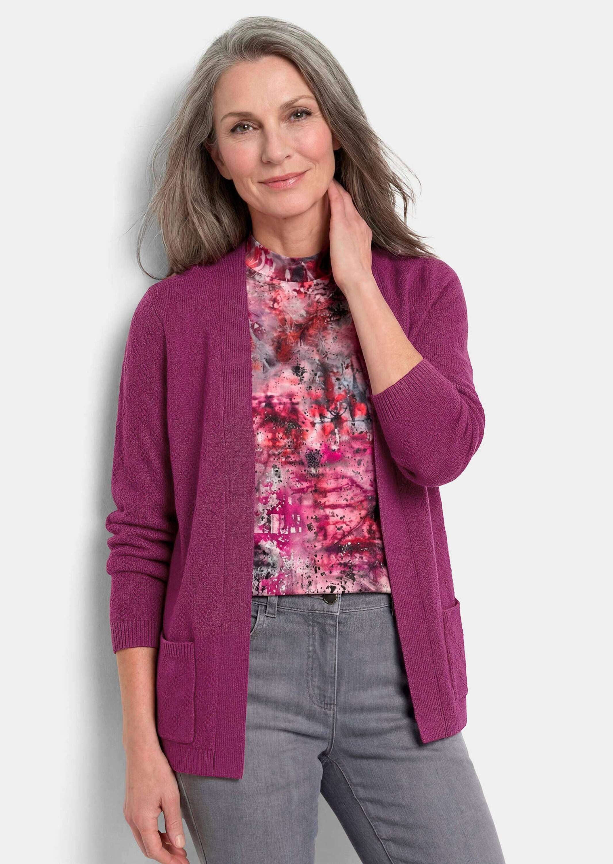 GOLDNER Strickjacke Baumwoll-Cardigan ohne Verschluss Offene Strickjacke mit Struktur im Schrägverlauf und Taschen