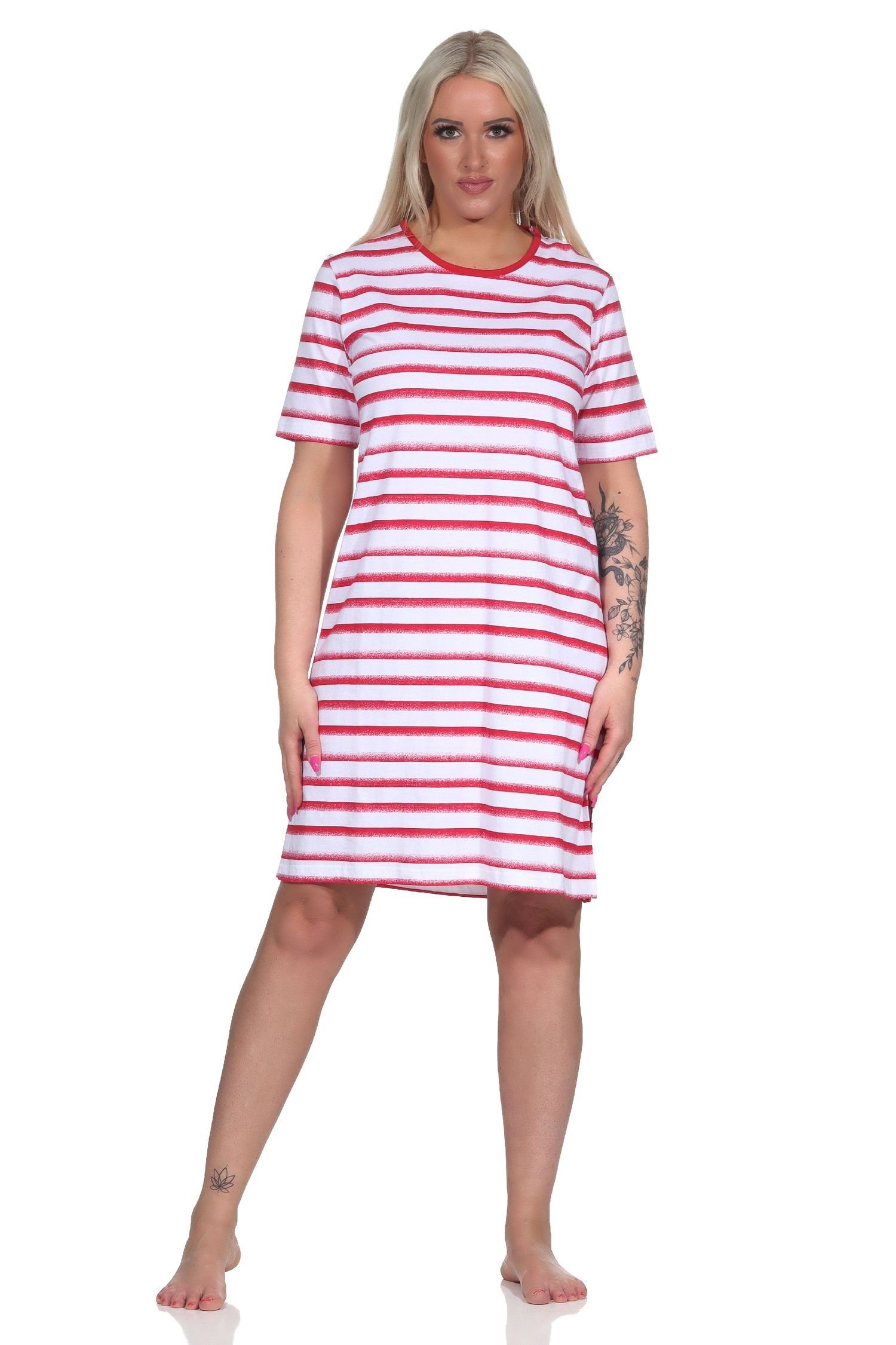 Normann Nachthemd Damen Nachthemd in Streifenoptik in kurzarm Übergröße rot maritimer -auch