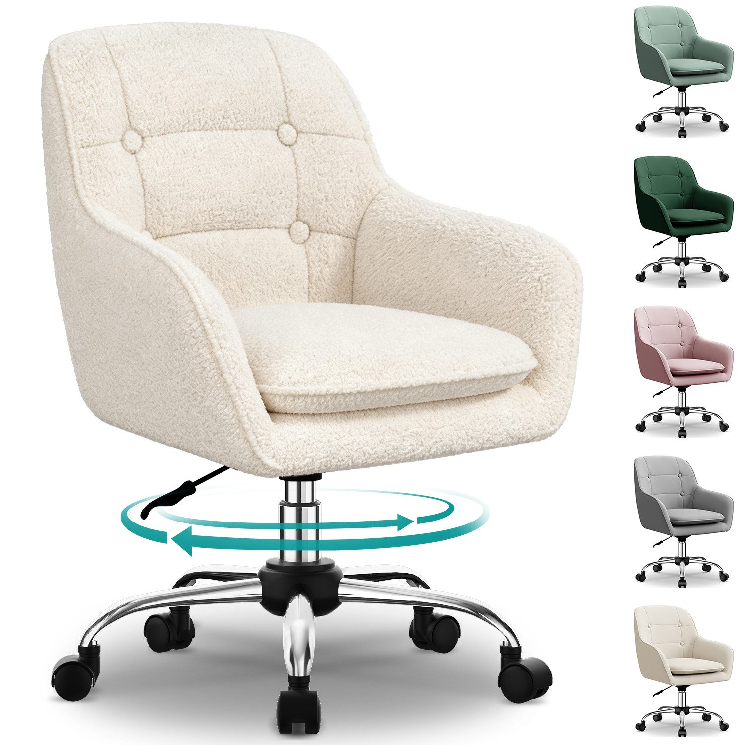 Adormii Bürostuhl Schminkstuhl,Homeoffice Stuhl mit Armlehnen,Drehstuhl mit Rrollen (Schreibtischstuhl,Boucle-Gewebe,höhenverstellbar,für Schminktisch,Arbeitszimmer, Schlafzimmer,150kg)