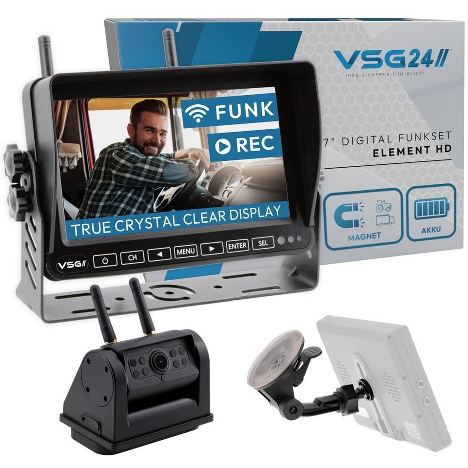 VSG24 7“ Funk Rückfahrsystem ELEMENT HD mit AKKU & Magnet, Monitor mit 1 x  Rückfahrkamera (2,4 GHZ Digital Funk, Reichweite 21 Meter für  Pferdeanhänger Wohnmobil)