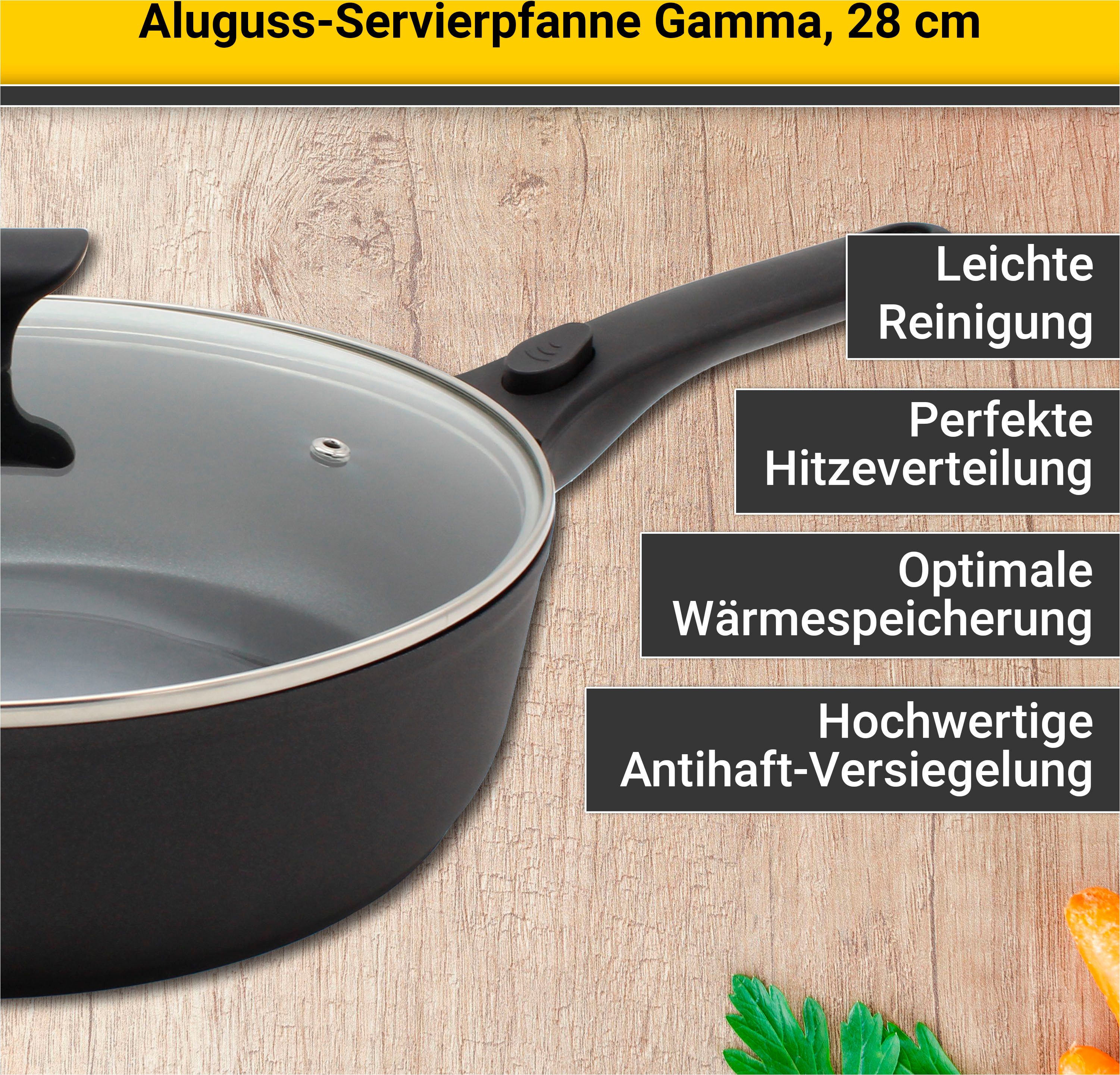 Krüger Servierpfanne Aluguss Pfanne GAMMA mit Glasdeckel, 28 cm, mit abnehmbaren Griffen, Aluminiumguss, für Induktions-Kochfelder geeignet, auch als Schmorpfanne verwendbar