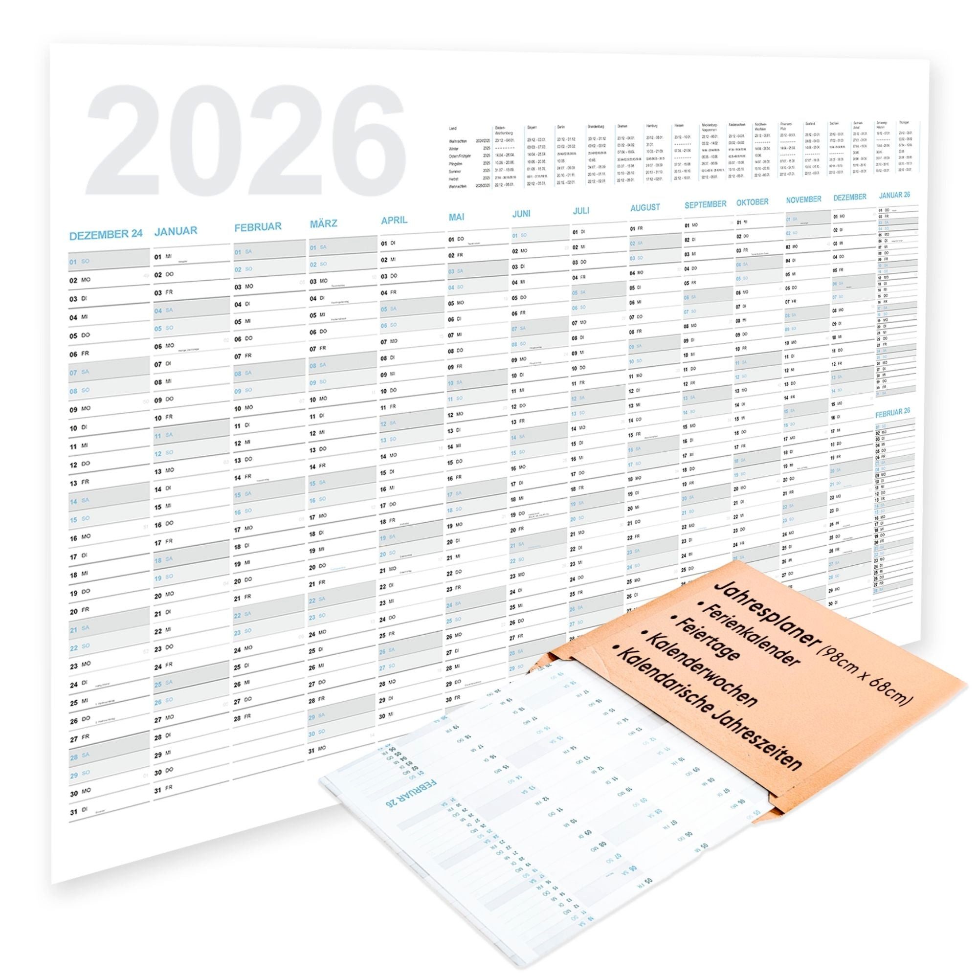 LEAF & GOLD Wandkalender Jahreskalender 2026 Wandkalender (98cm x 68cm) I Kalender für 2026