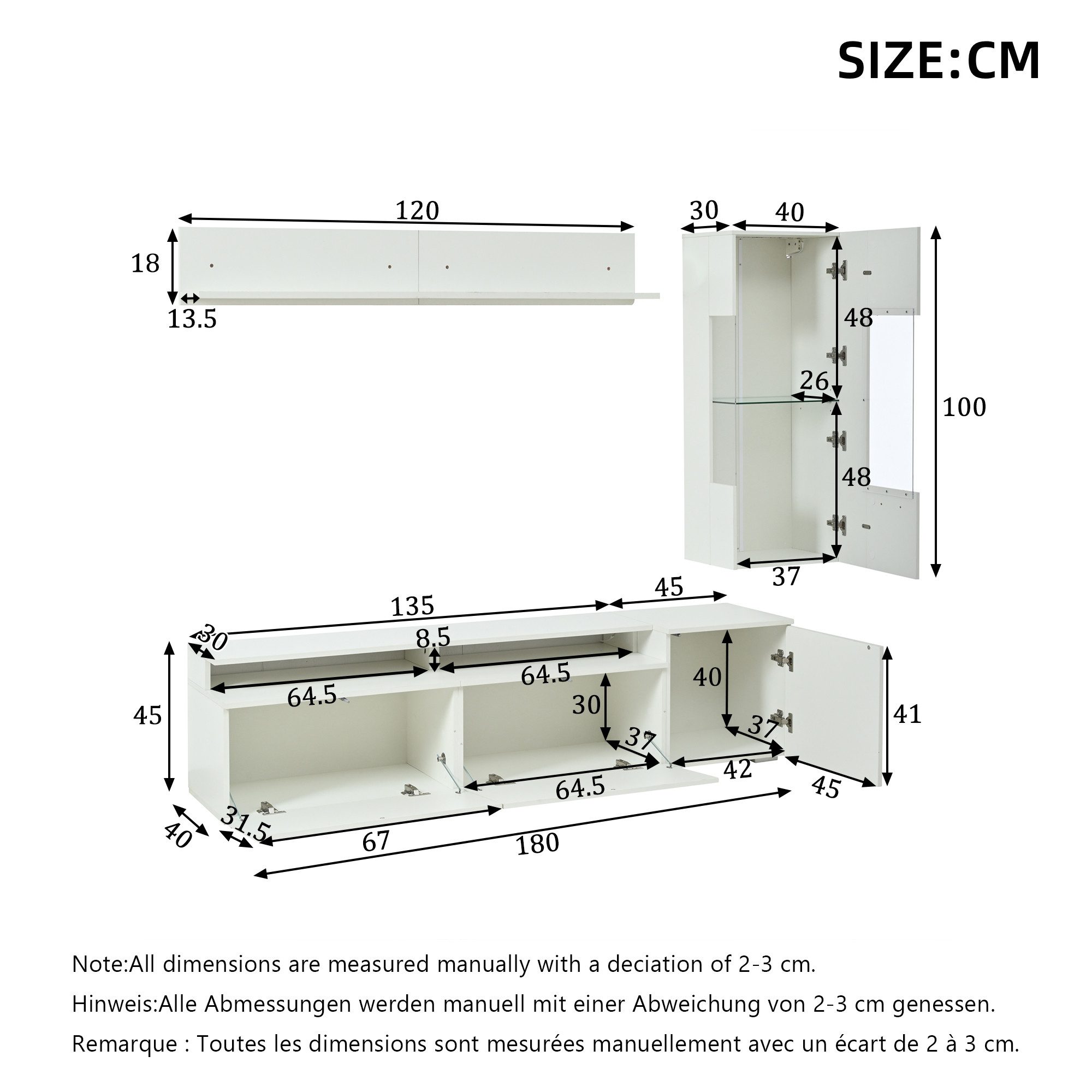 KLAM HOME Wohnwand 3-tlg. TV Wohnwand Set Weiß Hochglanz mit LED, (Wohnzimmer Möbel Set für TV bis 80 Zoll), TV Schrank + Vitrine + Hängeregal mit Beleuchtung
