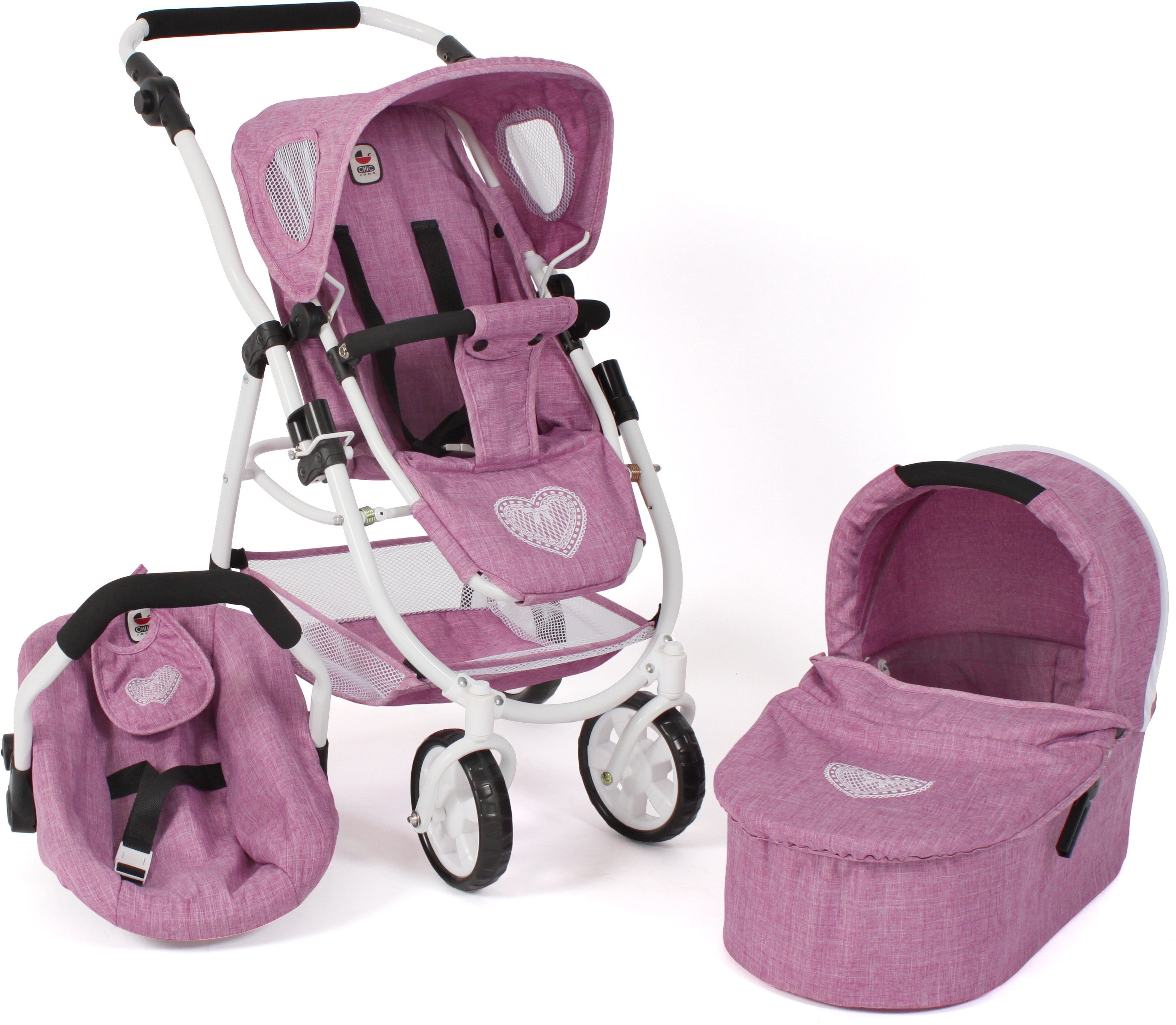 CHIC2000 Kombi-Puppenwagen Emotion All In 3in1, Jeans Pink, inkl. Babywanne, Babyschale und Sportwagenaufsatz