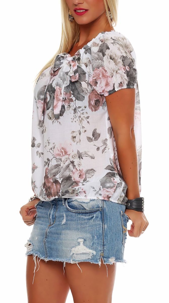 Schleife fashion Blume 3443 than und Bluse mit Tunika Einheitsgröße malito more Schlupfbluse weiß