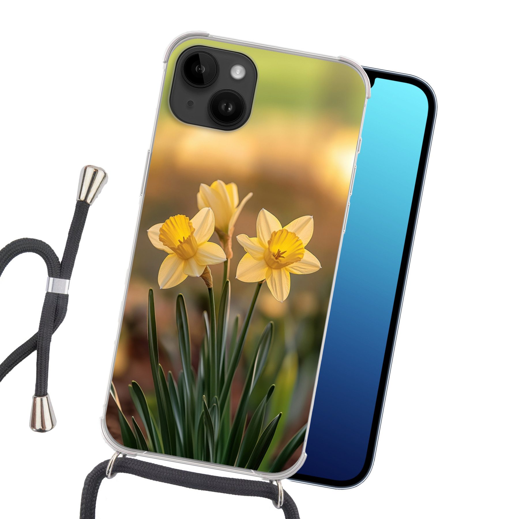 MuchoWow Handyhülle für Apple iPhone 14 Blumen - Gelb - Unscharf, Tragbare Handyhüllen mit Kette zum umhängen, Handykette Handyband
