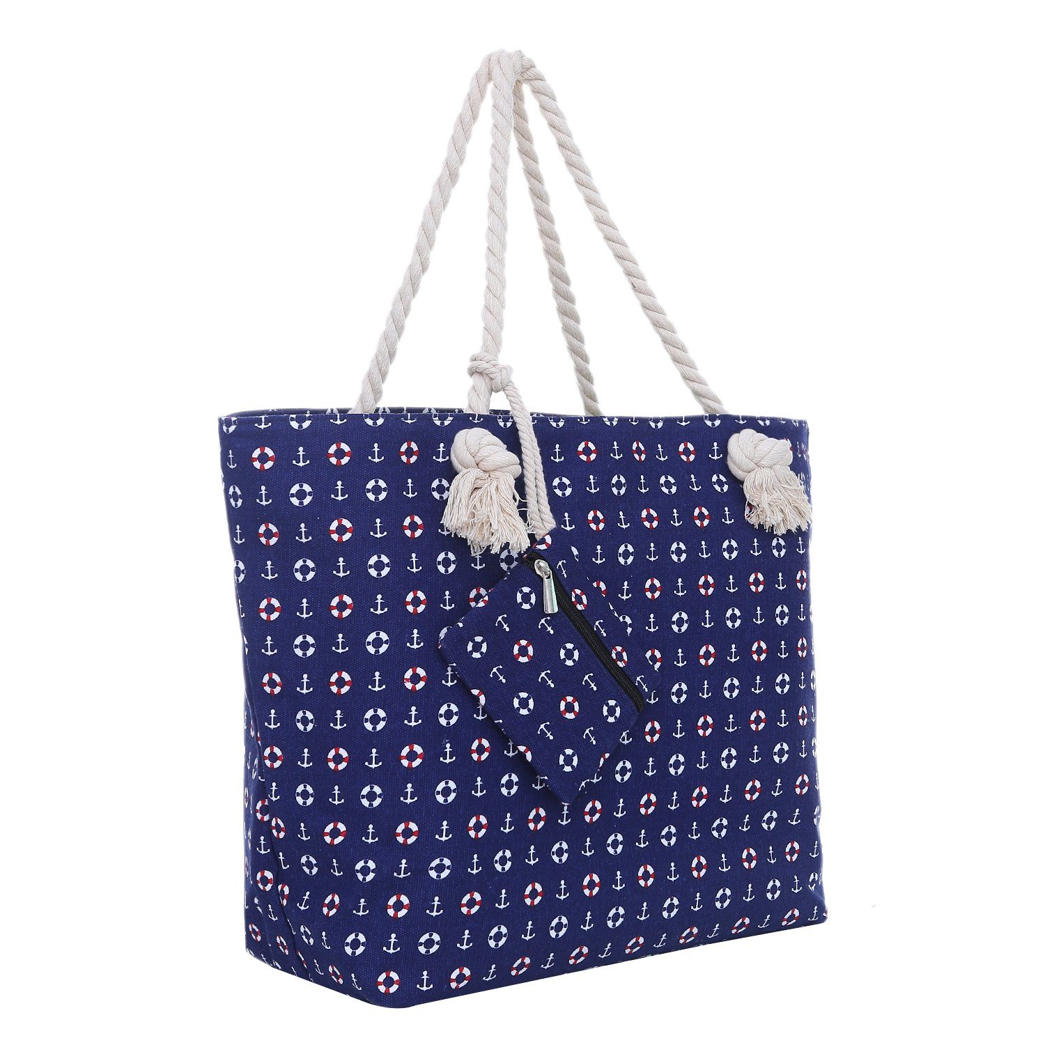DonDon Strandtasche Shopper Schultertasche Beach Style (2-tlg), Große Strandtasche, mit Reißverschluss, tolle Motive blau