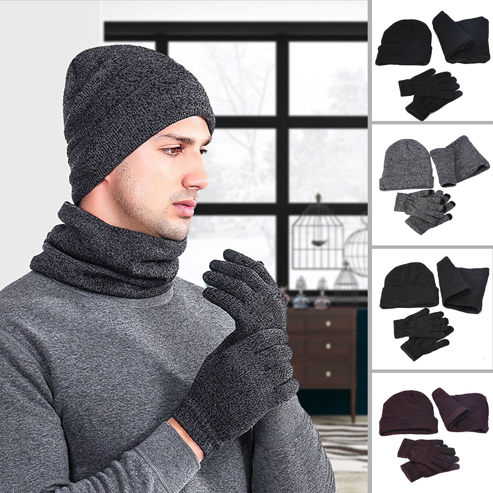 Rutaqian Outdoorhut Herren Winter Warm Beanie Mütze Schal und Handschuhe Set Warm, verdicken, Nackenschutz, winddicht Schwarze Einheitsgröße