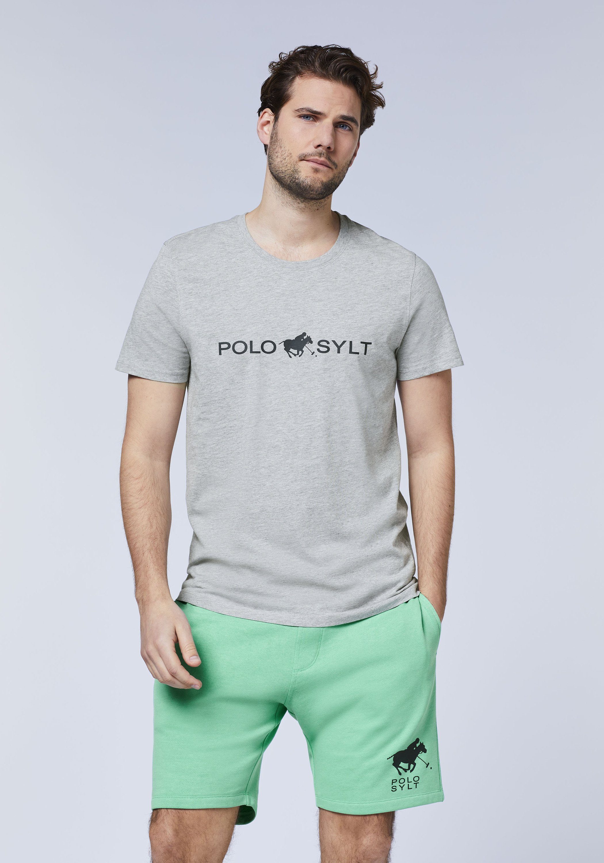 Print-Shirt Gray mit auffälligem Neutral 17-4402M Logo-Print Melange Sylt Polo