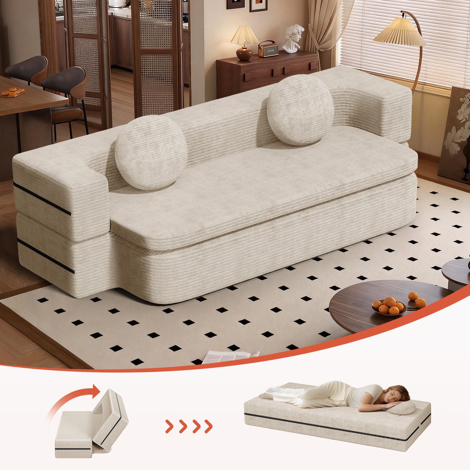 Lexzurn Sofa Schlafsofa Bella, Cord Sofa 90x200 cm mit Bettfunktion, Bettkasten & 2 Zierkissen, Wohnzimmer und kleine Räume, 3-in-1 Compressed Sofa Bed