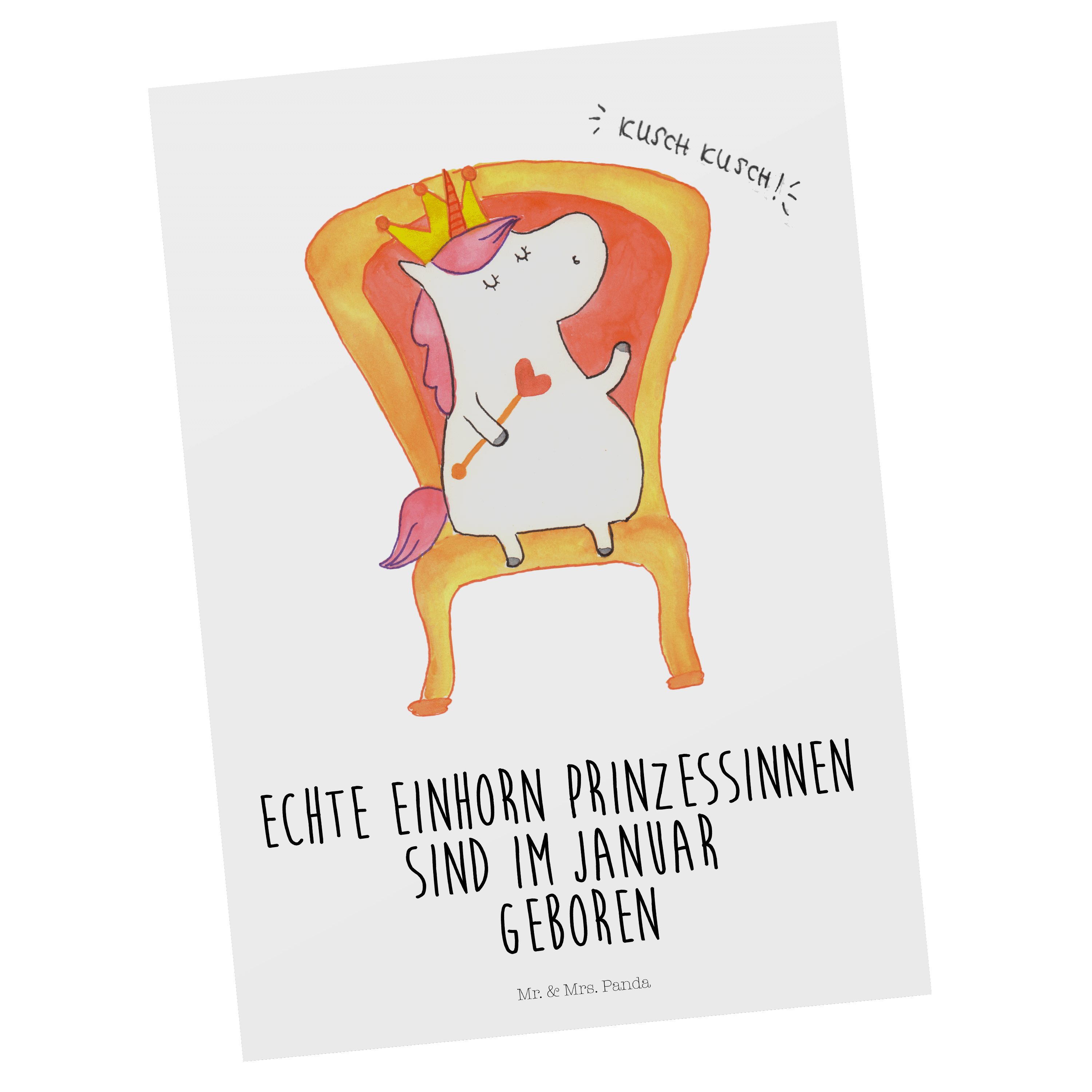 Mr. & Mrs. Panda Postkarte Januar - Weiß - Geschenk, Grußkarte, Einhorn, Einladung, Prinzessin