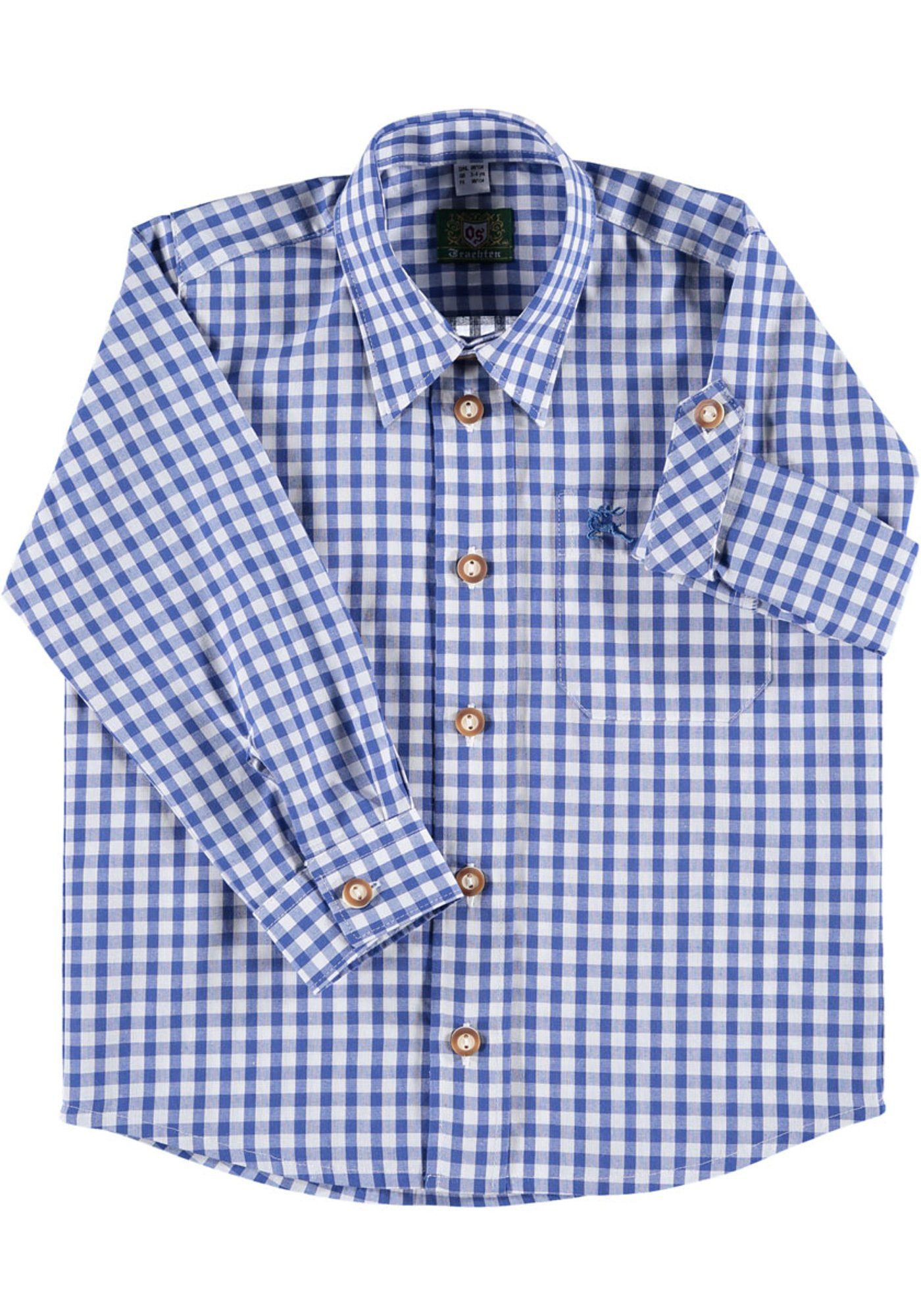 OS-Trachten Trachtenhemd Lafoa Langarmhemd Jungen mit mit Brusttasche Hirsch-Stickerei mittelblau aufgesetzter
