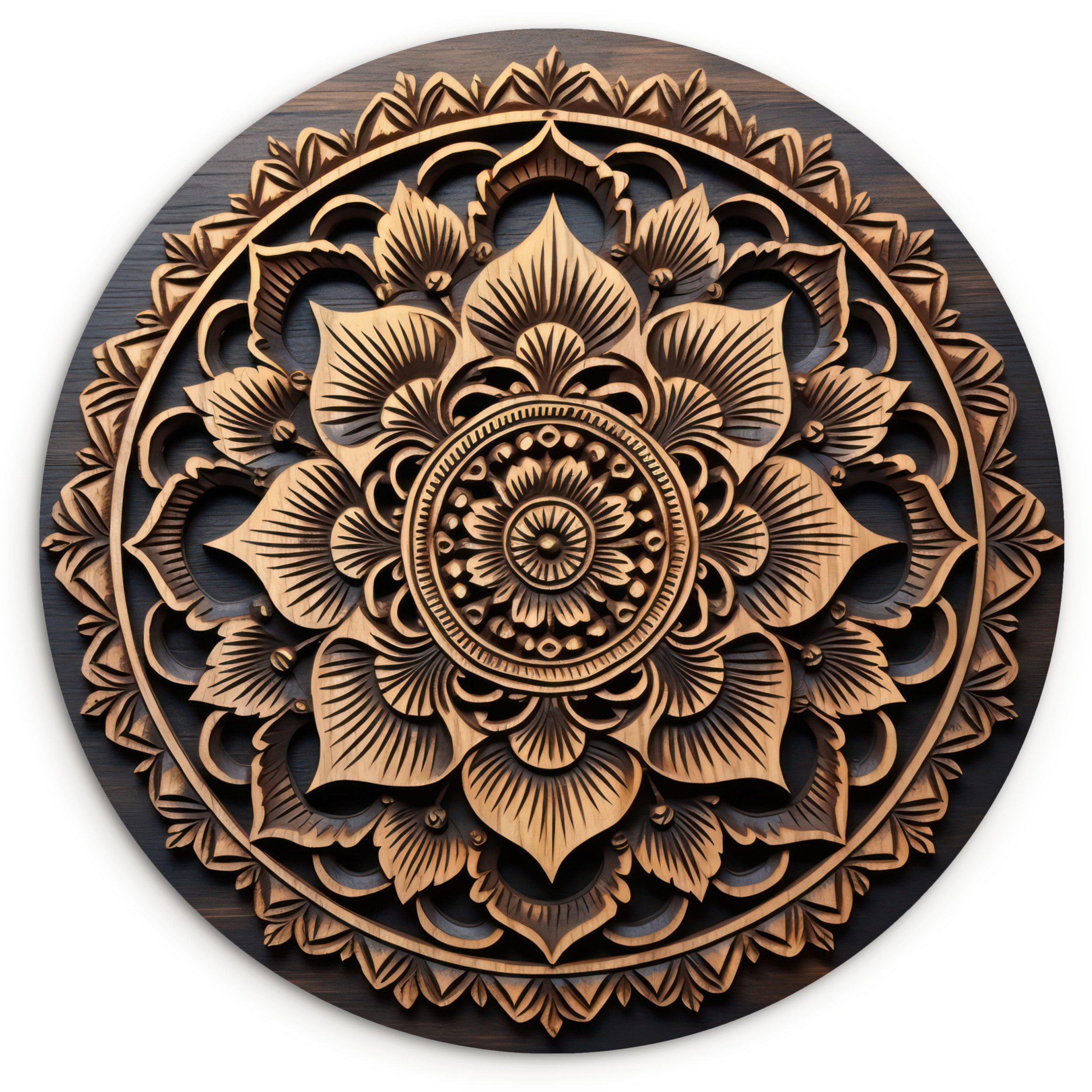 MuchoWow Gemälde Mandala - Holz - Blumen - Braun, Fotodruck (1 St), Kreis Wanddekoration, Rundes Wandbild, 30x30 cm