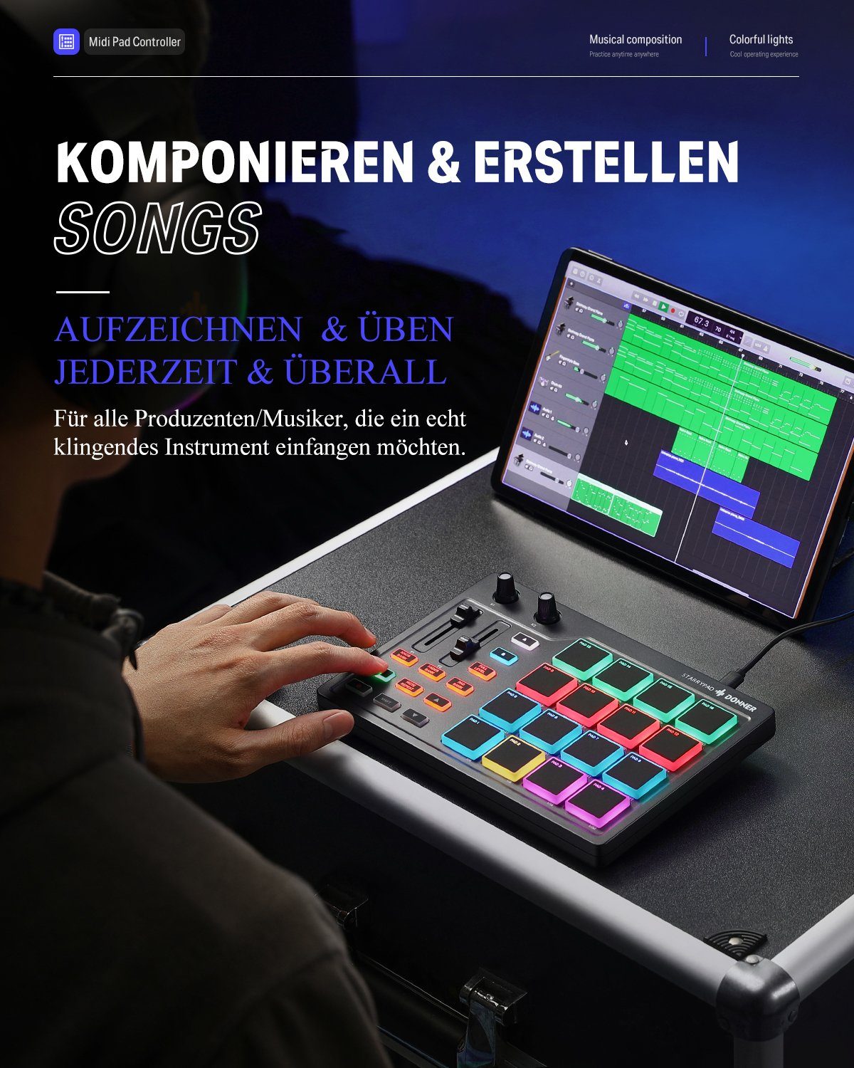 Donner DJ Controller DJ Controller Midi Pad Controller DPD-16, Leicht und leistungsstark