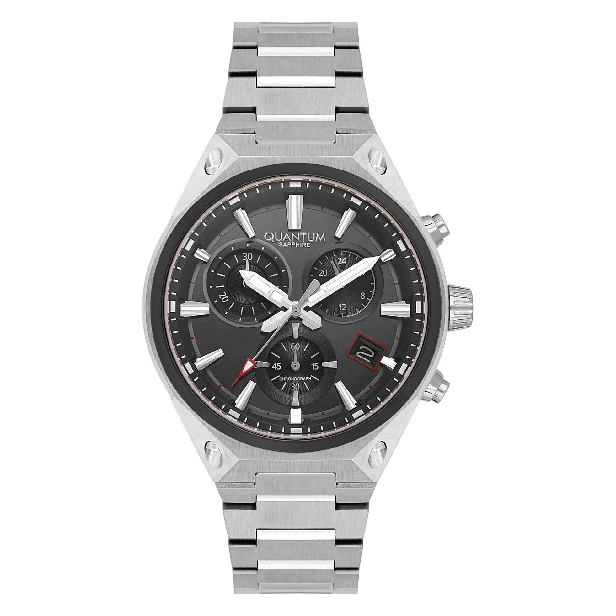 QUANTUM Chronograph Herrenuhr Edelstahl, 43 mm, Herren Armbanduhr, 10 ATM wasserdicht anthrazitfarbenes Zifferblatt, silber-schwarz – HNG1172.350, (1-tlg), Datum, Saphirglas, inkl. Geschenkbox