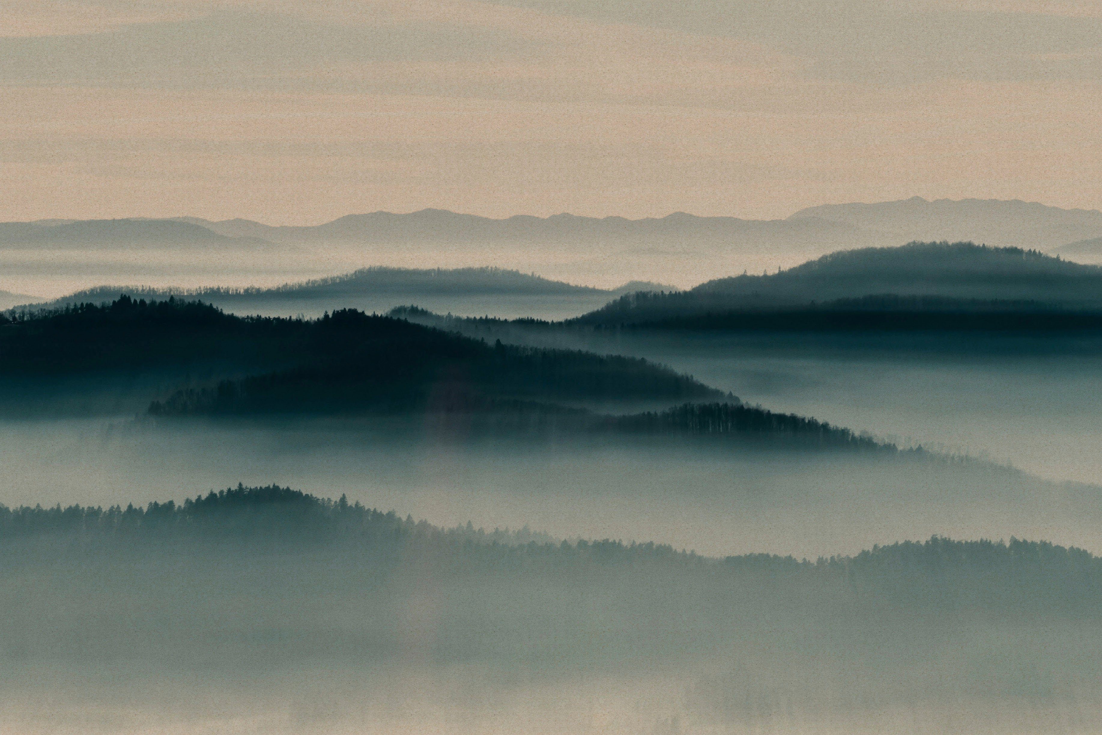 A.S. blau, Leinwandbild Landschaft beige, Landschaft Berge (1 schwarz Bild Création St), Gebirge Nebel horizon, Keilrahmen