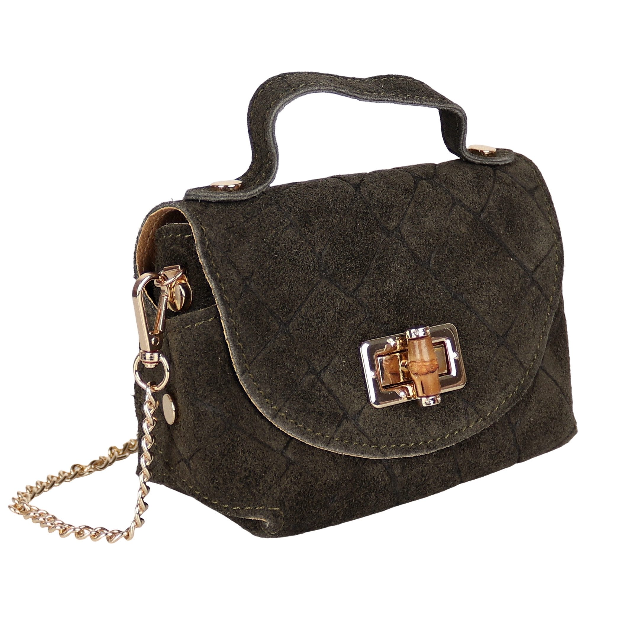 MIRROSI Henkeltasche Damen kleine Tasche aus Echtleder Schultertasche 16,50x10x8,50 cm, Mit goldfarbener Kette, ca. 125 cm lang