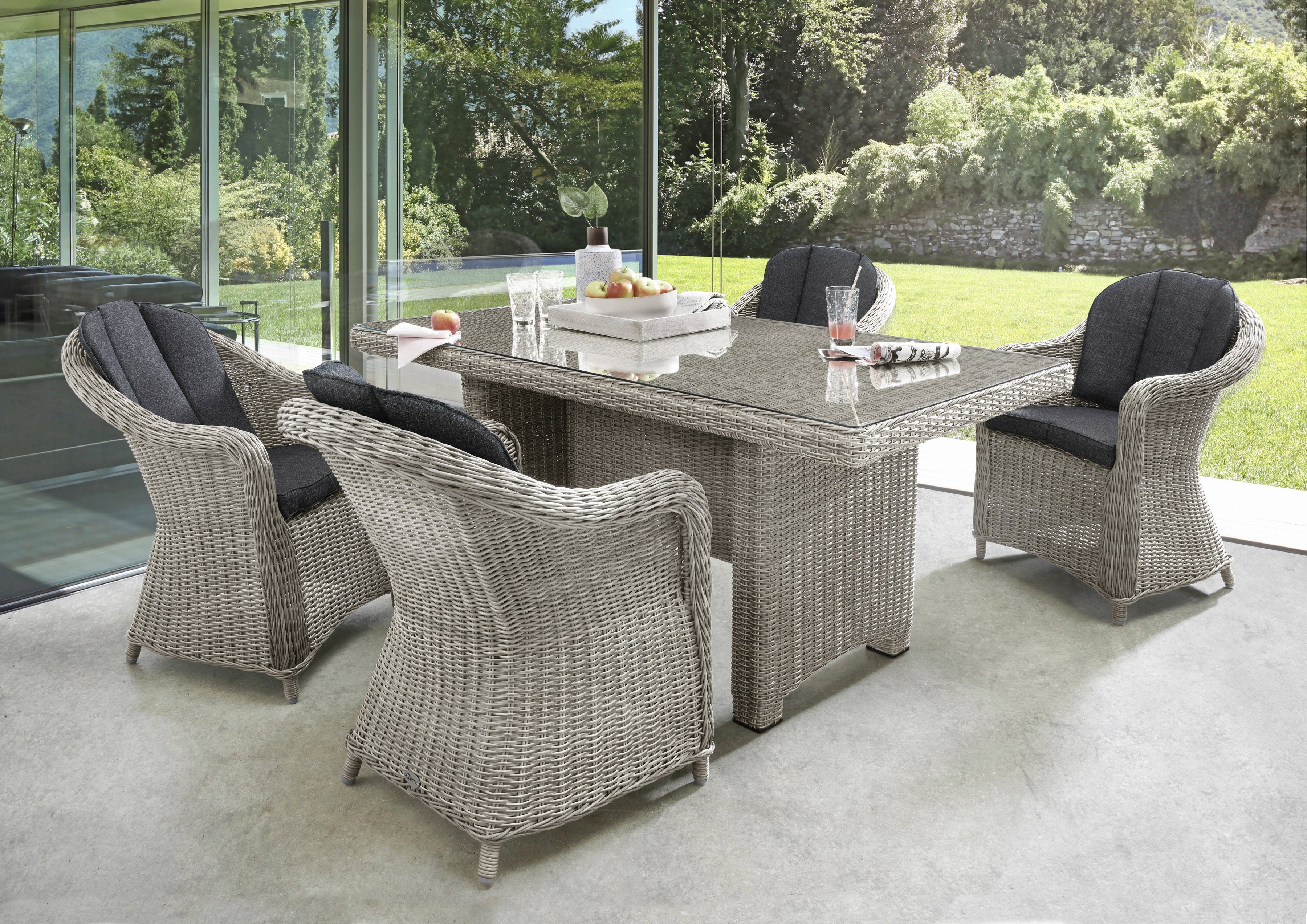 Destiny Garten-Essgruppe MALAGA LUNA, (Set, 13-tlg), Polyrattan, 4 Sessel + Tisch 165x90x75cm, inkl. Auflagen