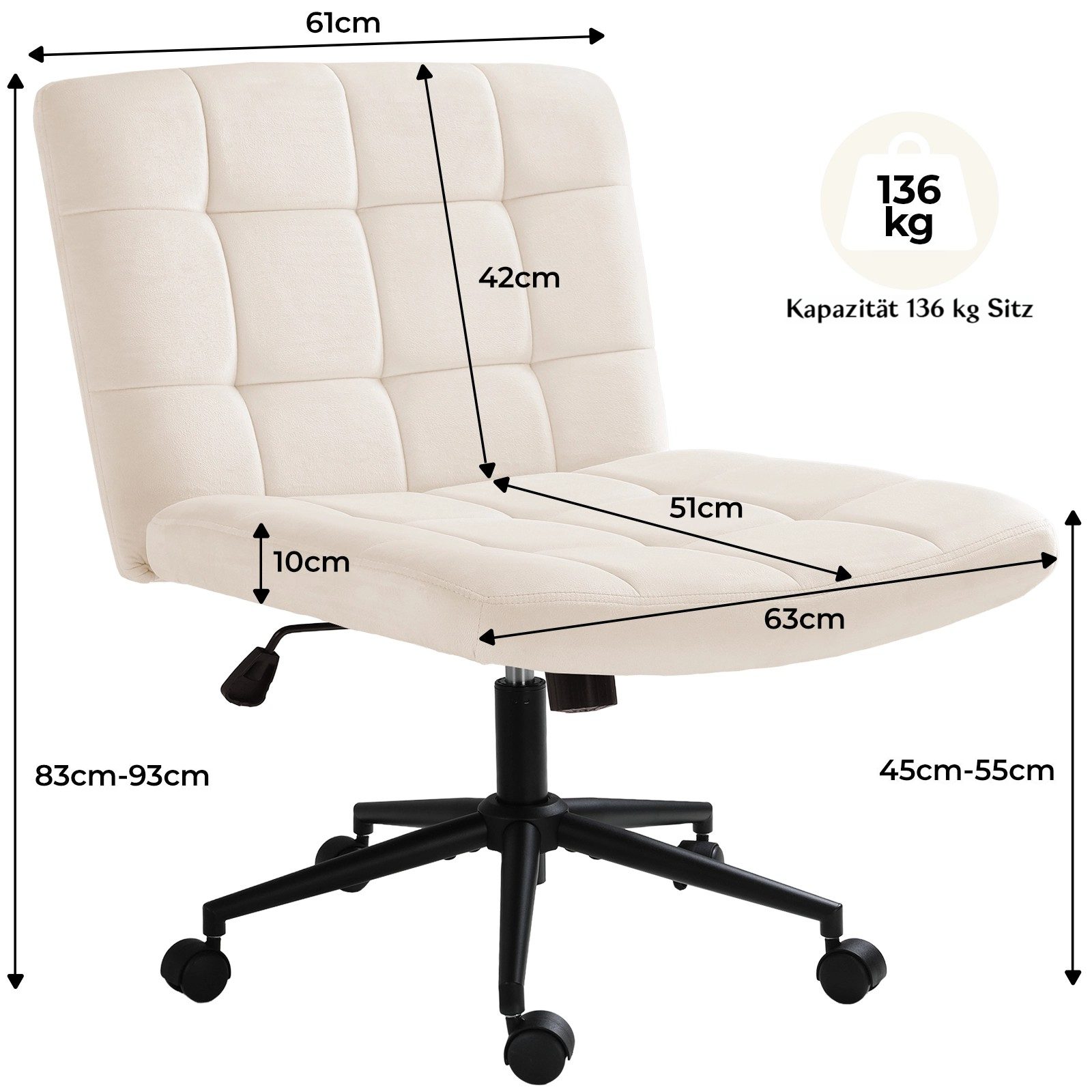 TLGREEN Drehstuhl Drehbürostuhl aus Samt mit Rollen,ohne Armlehnen (360° drehbar, höhenverstellbar), Sitzkissen aus 10 cm hochelastischem Schaum, belastbar bis 136 kg