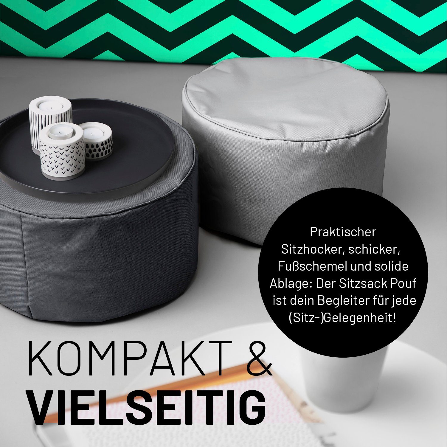 Fußsack stahlgrau Pouf Sitzsack 5 in- Hocker, Lumaland & 25x45cm & Tisch, Garantie Outdoor, Jahre 50L kompakt