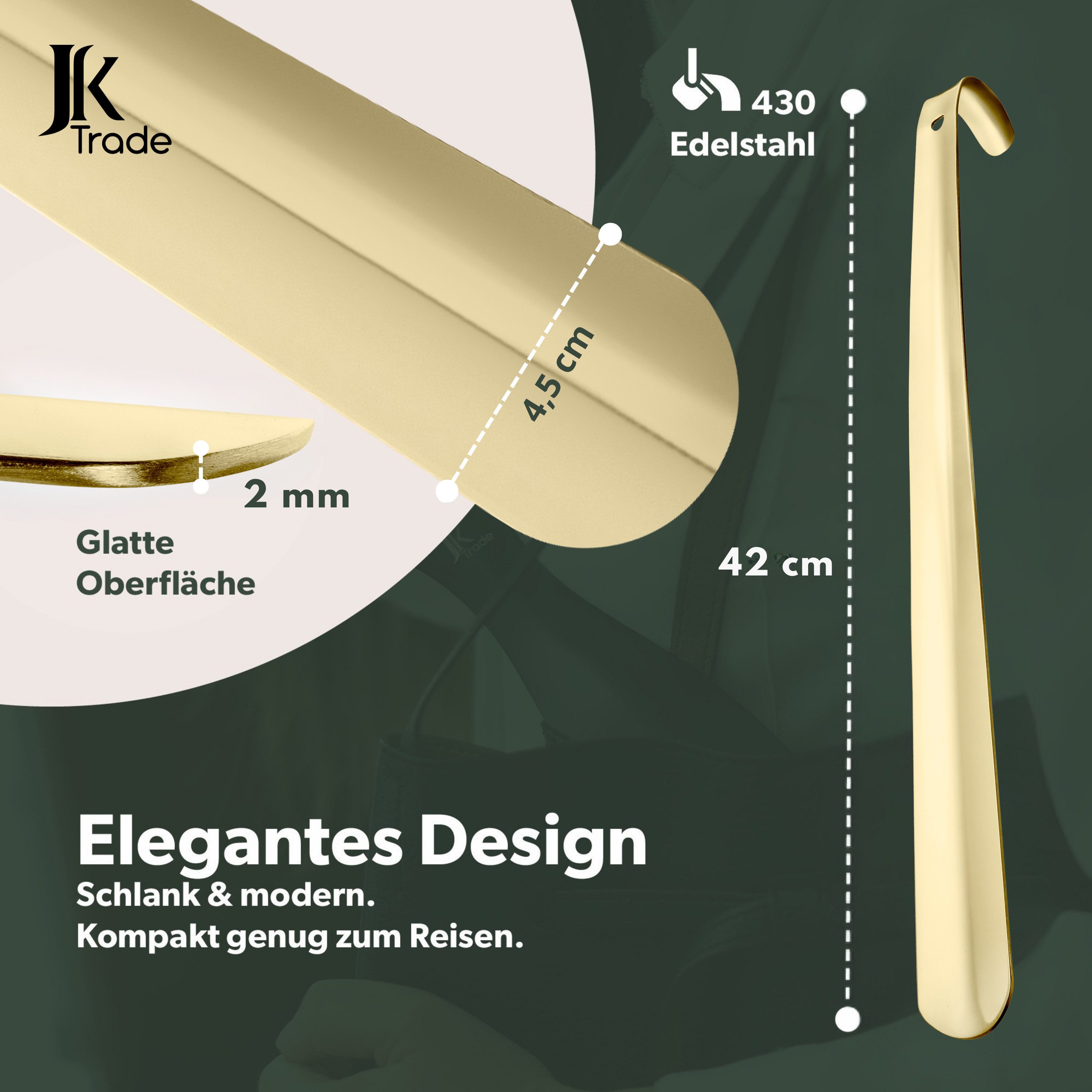 JK Trade Schuhlöffel 42cm Edelstahl Gold poliert (1-tlg., lang & stabil), Metall Schuhanzieher lang zum Stehen, Aufhängbar, 2mm Extra Stabil