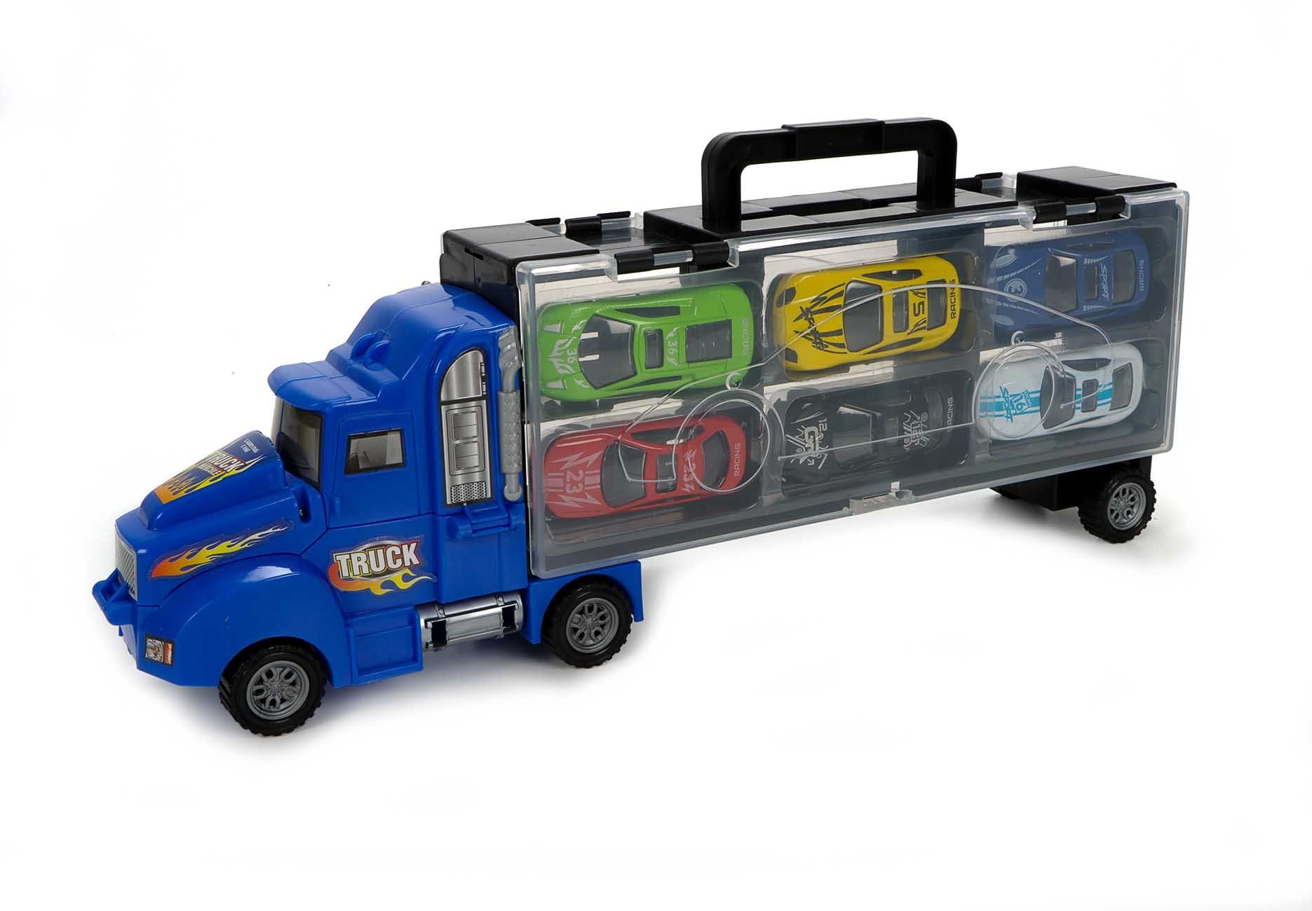 CELMAN Spielzeug-LKW Transporter Mit 7 Mini-Autos & Zubehör – Inkl. Abschussrampe, 62x20x11,5 Cm, Für Kinder Ab 3 Jahren