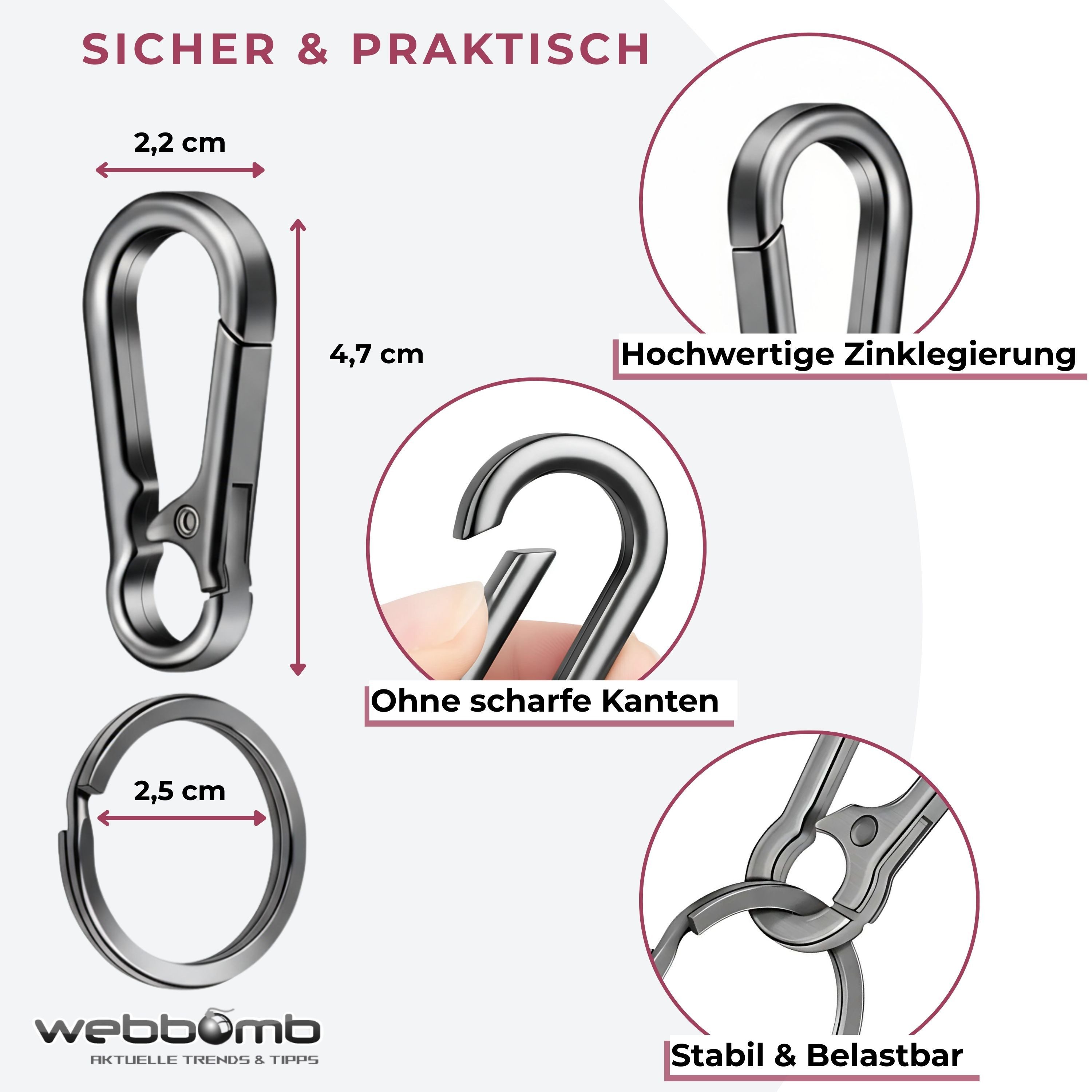 WEBBOMB Karabiner Schlüsselkarabiner robust 10 Schlüsselringe keychain Schlüsselanhänger
