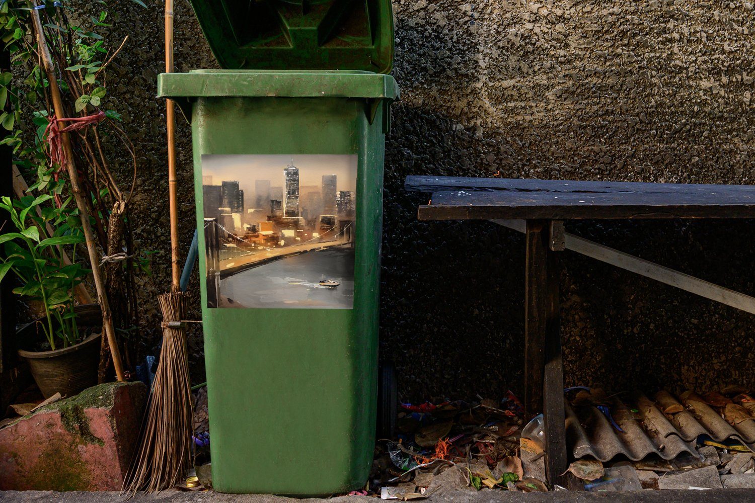 Abfalbehälter Wasser Skyline Mülltonne, - Container, Mülleimer-aufkleber, Stadt St), - Gemälde (1 MuchoWow - Öl - Wandsticker Sticker,