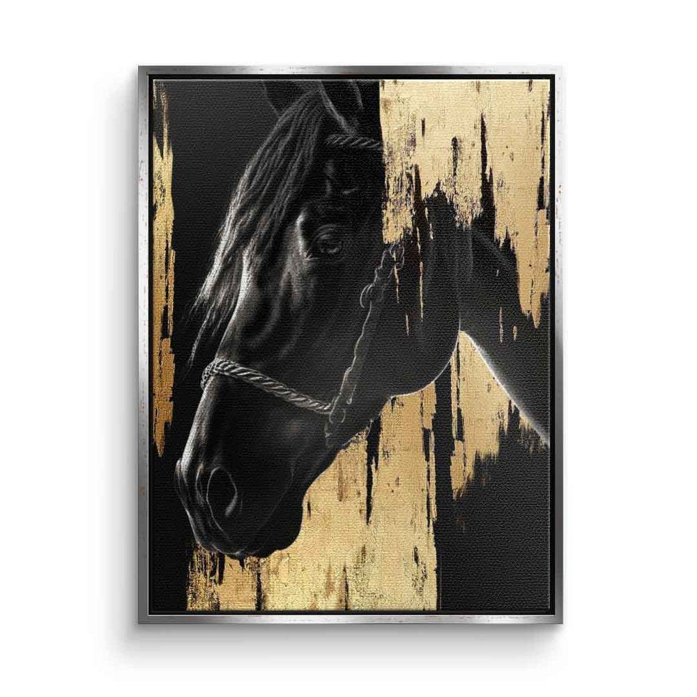 DOTCOMCANVAS® Leinwandbild, Leinwandbild Luxury Horse gold schwarz Pferd luxus Tier mit premium Ra silberner Rahmen