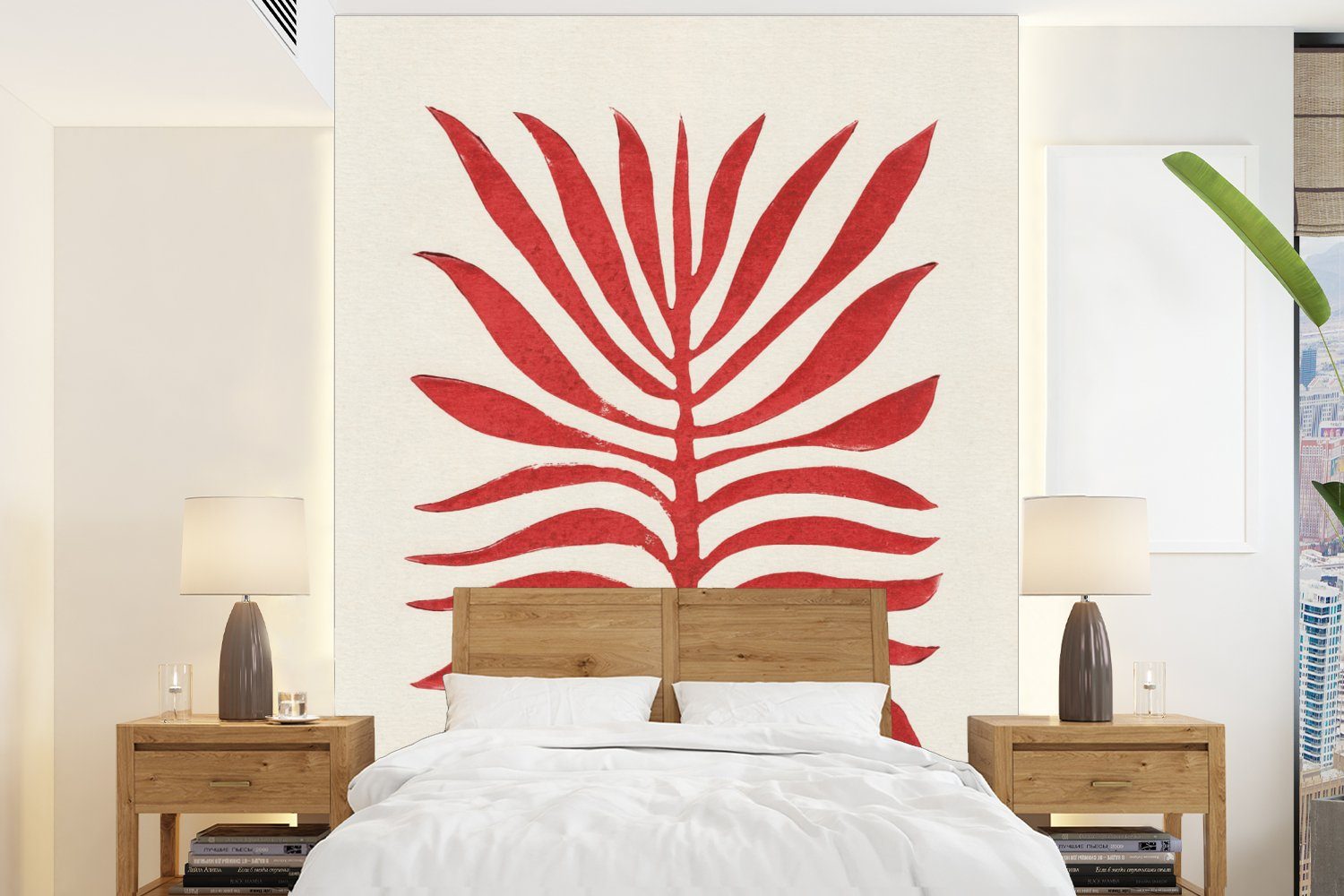 MuchoWow Fototapete Pflanze - Rot - Blätter - Abstrakt, Matt, bedruckt, (4 St), Montagefertig Vinyl Tapete für Wohnzimmer, Wandtapete