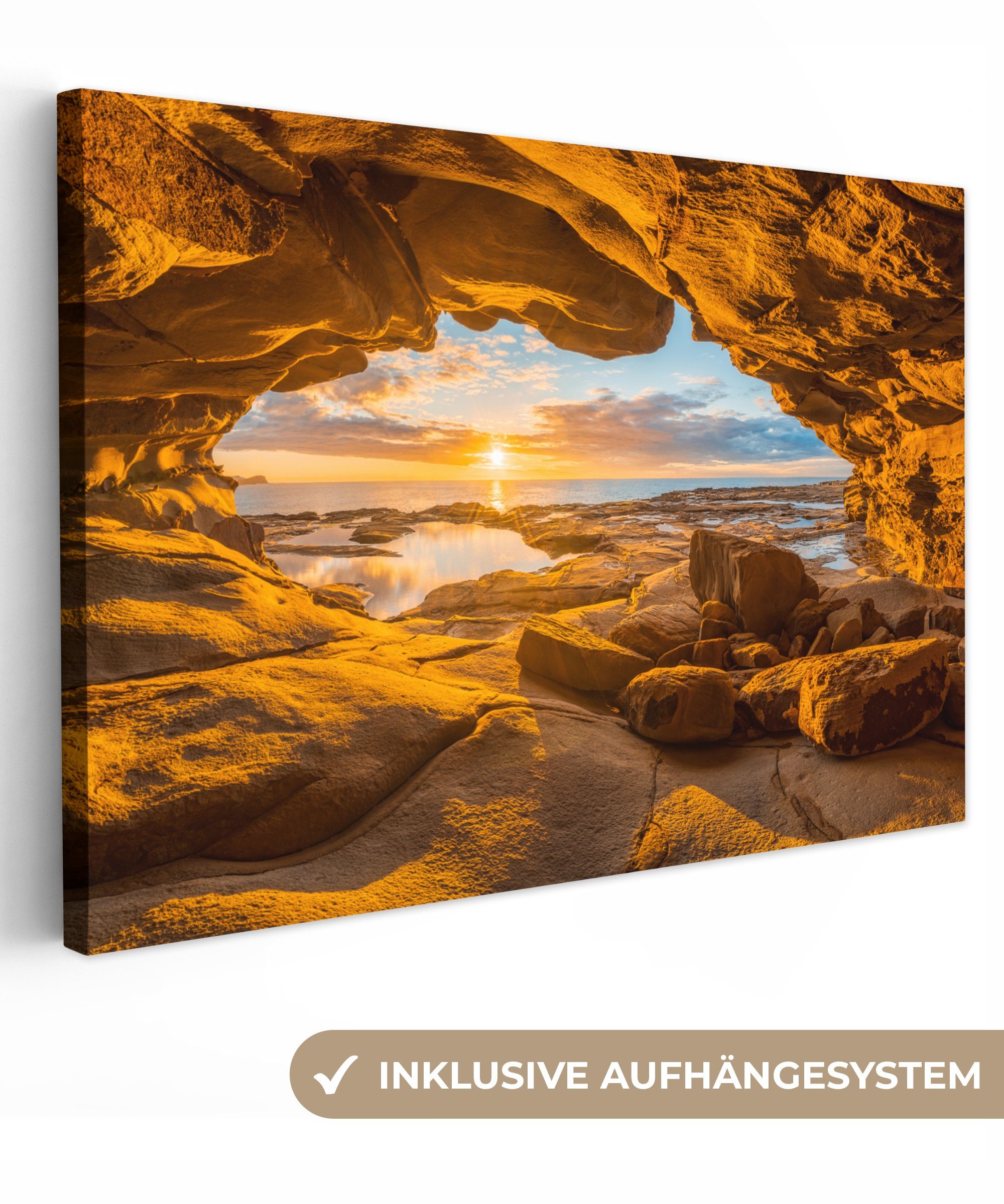 OneMillionCanvasses® Leinwandbild Höhle - Meer - Horizont - Sonnenuntergang, (1 St), Wandbild für alle Wohnbereiche, Gemälde, XXL, großes, 120x80 cm