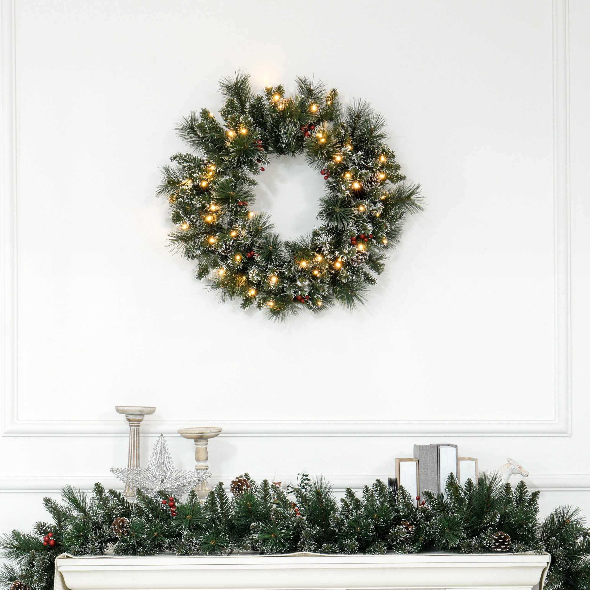 HOMCOM Adventskranz Weihnachtskranz, mit LED-Lichterkette, für Tür- und Hausdekoration, Ø60 x 10 cm, grün