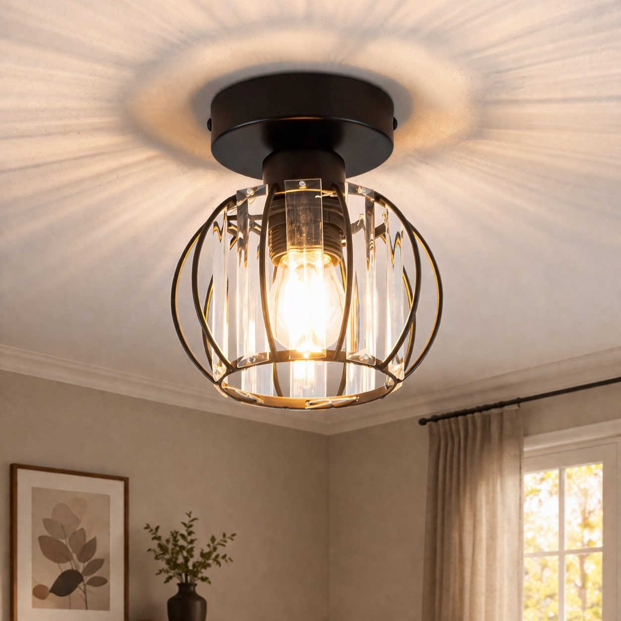 Nettlife Deckenleuchte Schwarz Kristall E27 Moderner Metallrahmen Vintage Ohne Leuchtmittel, ohne Leuchtmittel, Innen Deckenbeleuchtung für Korridor Balkon Wohnzimmer Hotel