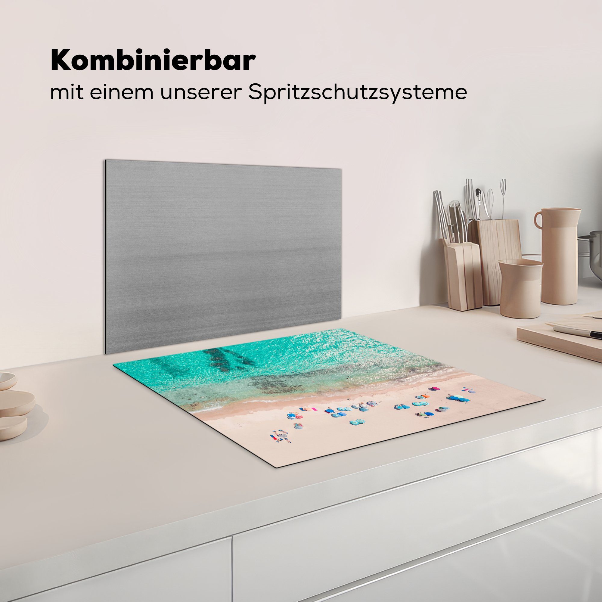 MuchoWow Herdblende-/Abdeckplatte Meer - Strand Arbeitsfläche Blau, Vinyl, (1 Ceranfeldabdeckung - - cm, Sonnenschirme 60x52 Mobile - Sommer nutzbar, tlg)